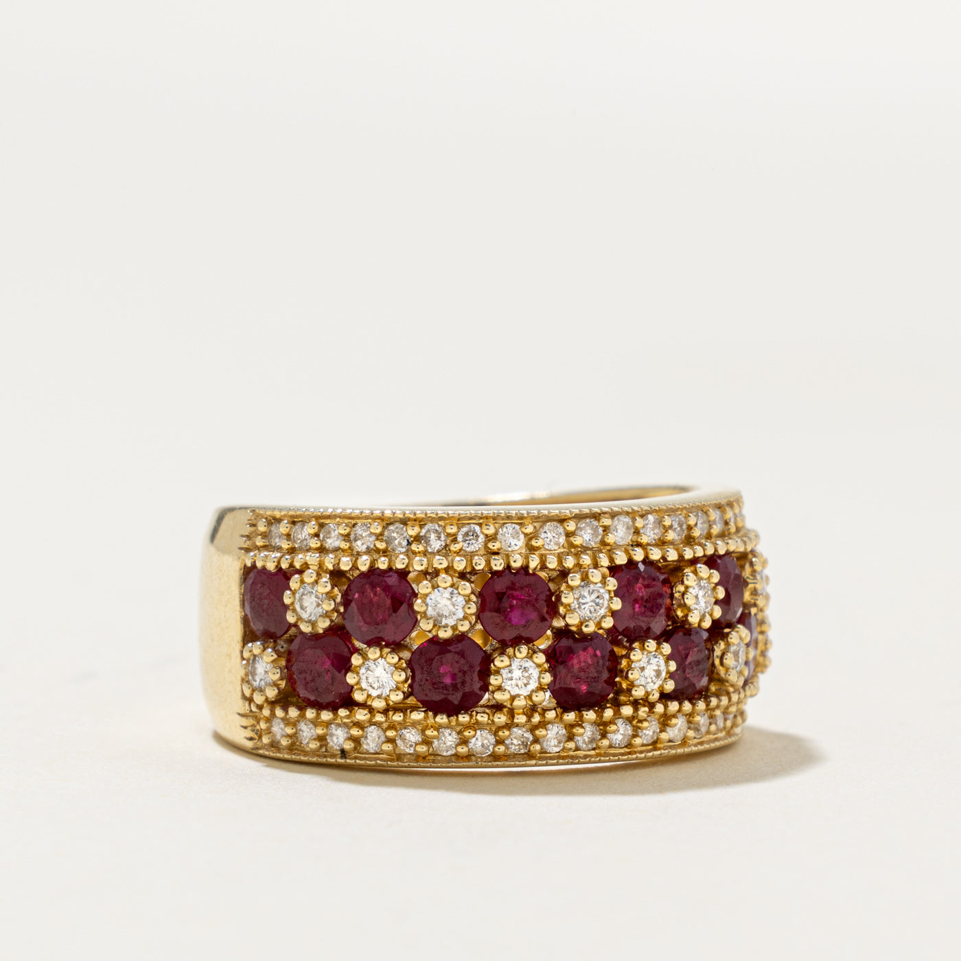 14k Multi Row Ruby & Diamond Milgrain Band | 1.37ct, 0.44ctw | 9.80mm | SZ 7.25