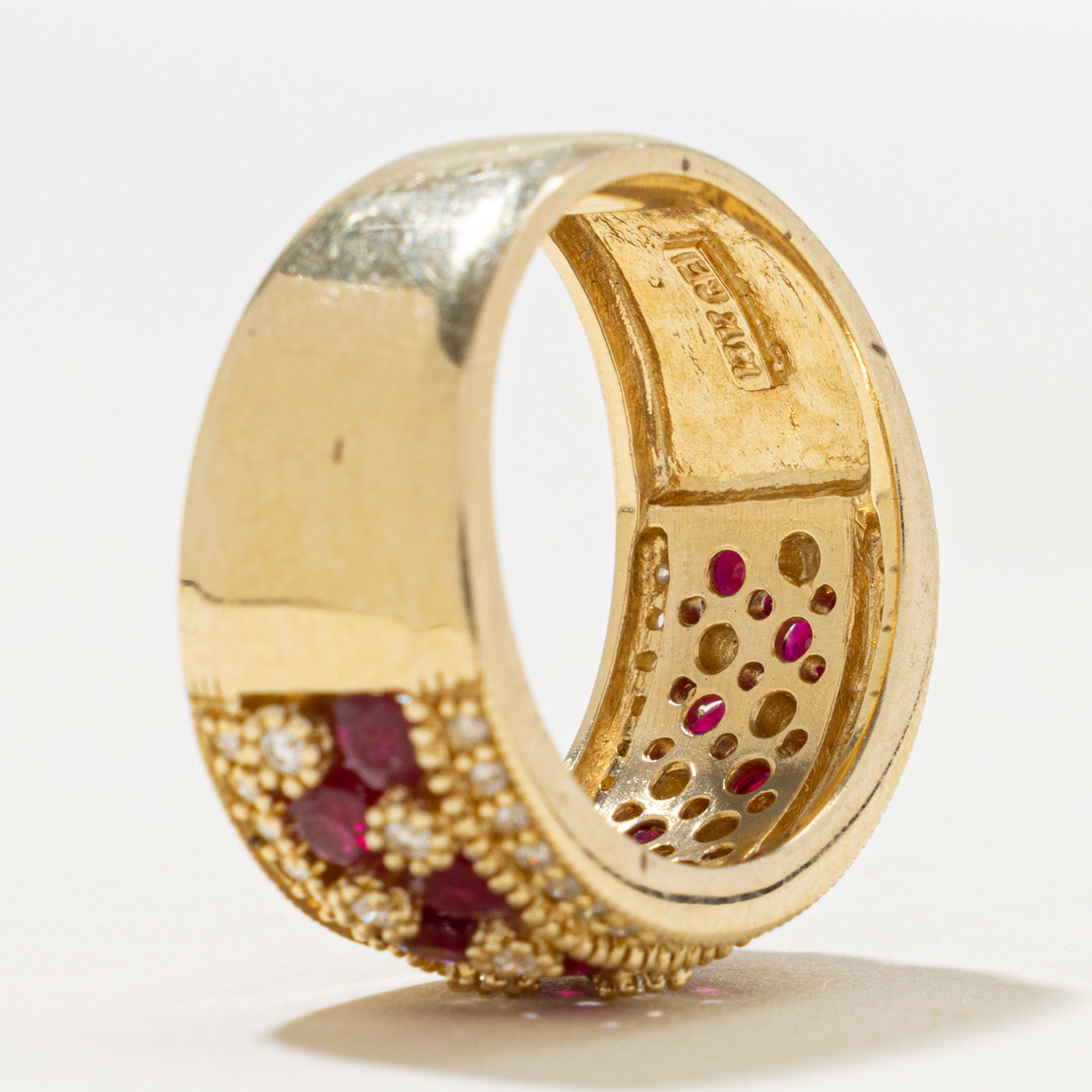 14k Multi Row Ruby & Diamond Milgrain Band | 1.37ct, 0.44ctw | 9.80mm | SZ 7.25