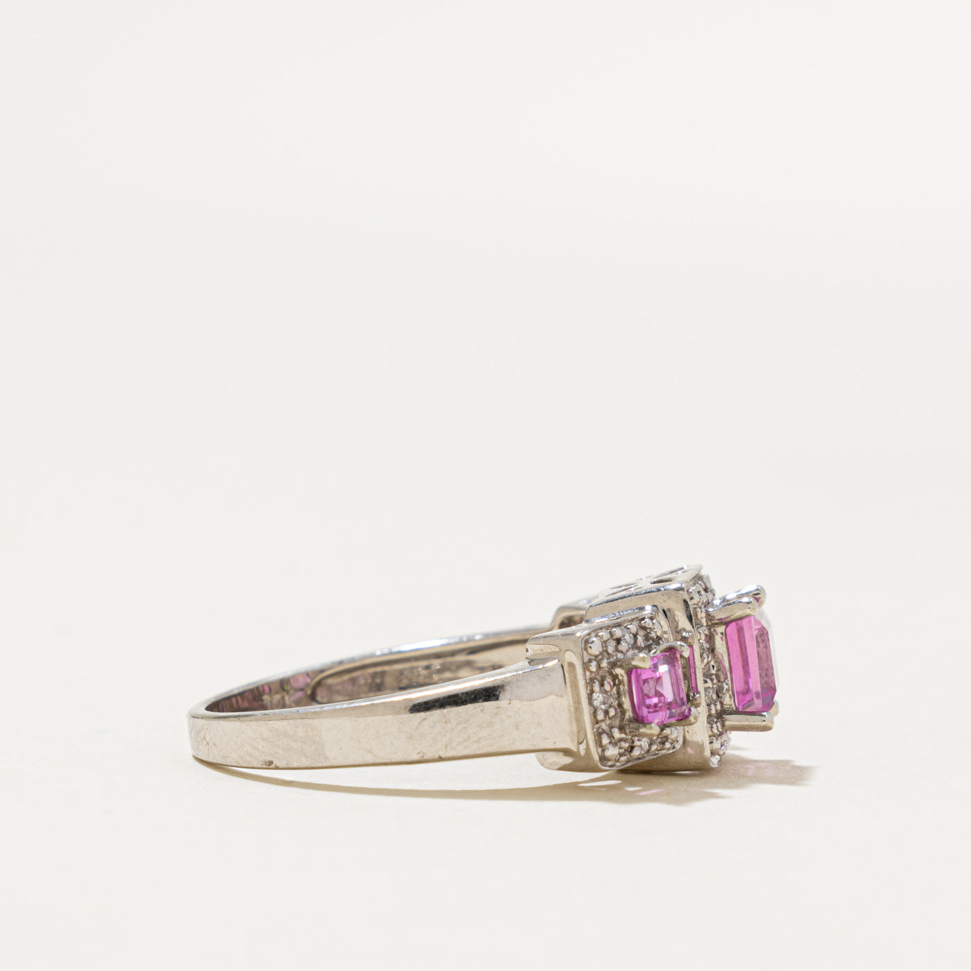 10k Three Stone Synthetic Sapphire & Diamond Halo Ring | 1.20ctw, 0.08ctw | SZ 8.25