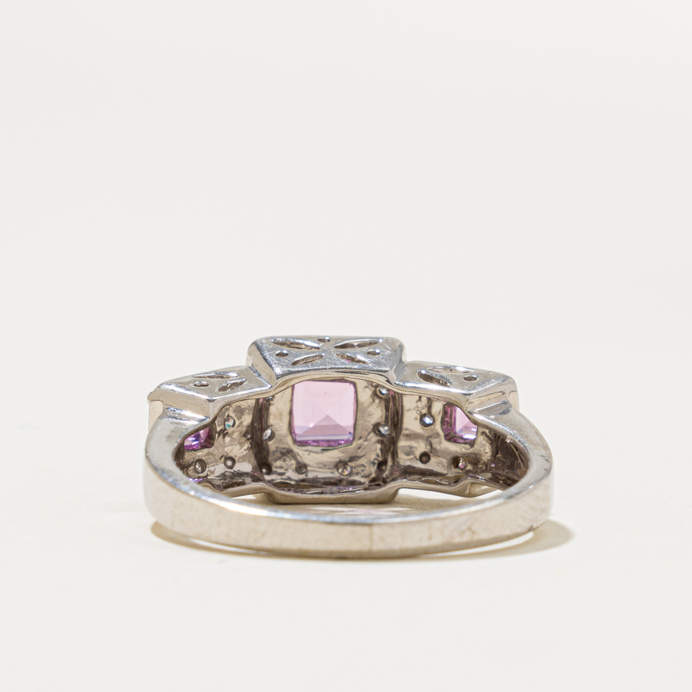10k Three Stone Synthetic Sapphire & Diamond Halo Ring | 1.20ctw, 0.08ctw | SZ 8.25