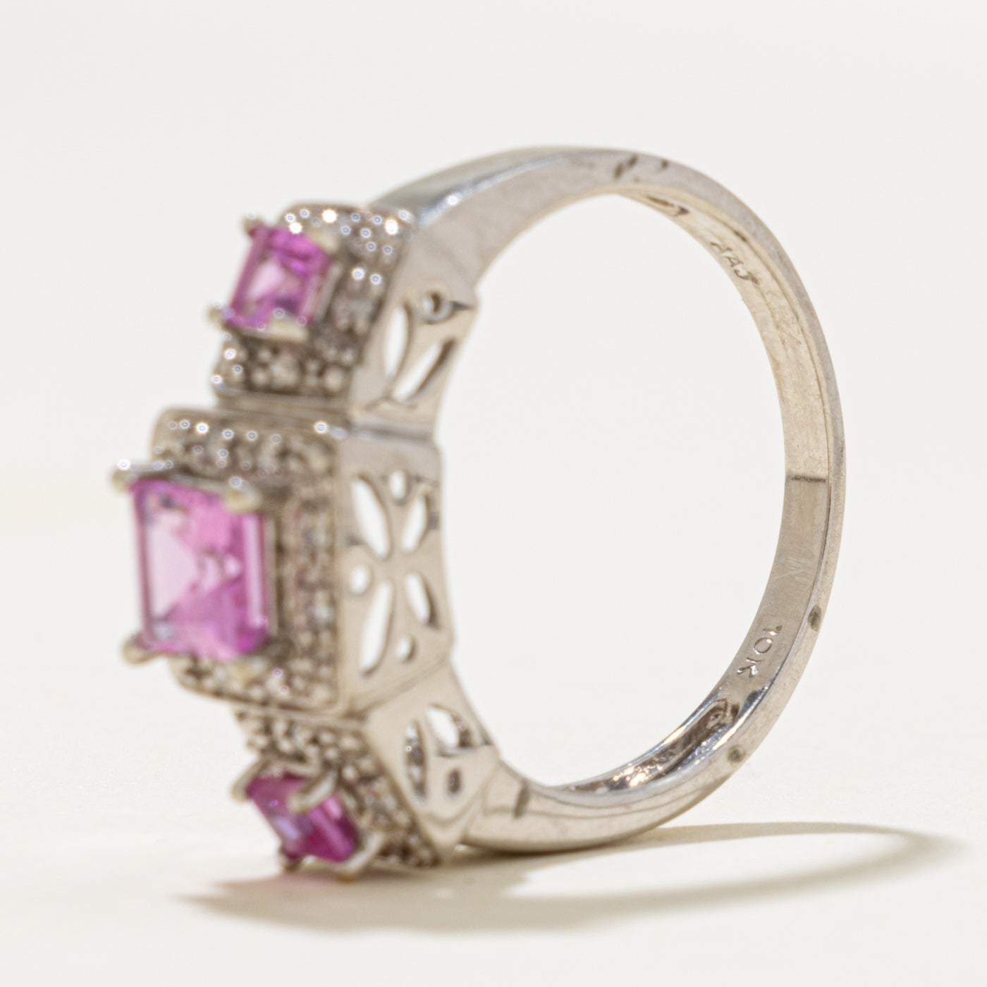 10k Three Stone Synthetic Sapphire & Diamond Halo Ring | 1.20ctw, 0.08ctw | SZ 8.25
