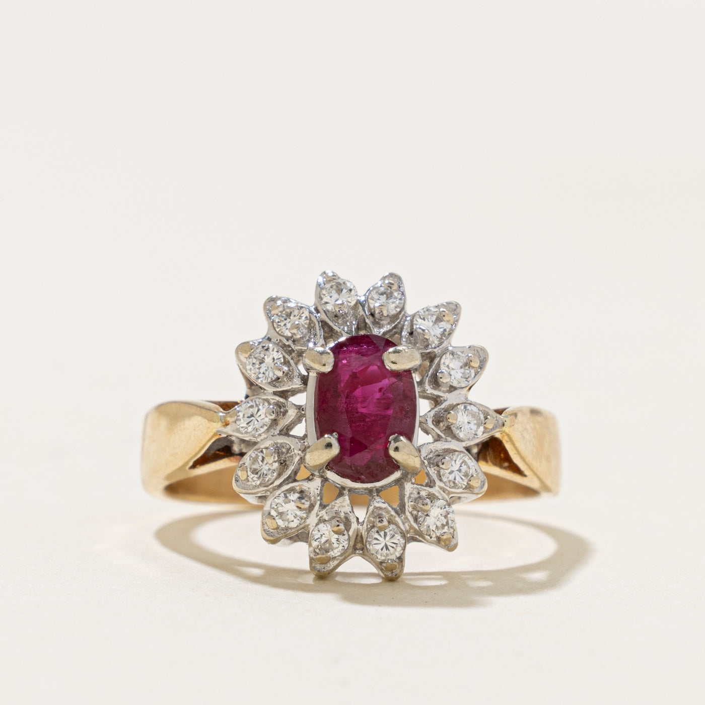 14k Ruby & Diamond Floral Halo Reverse Tapered Ring | 0.51ct, 0.28ctw | SZ 5.5