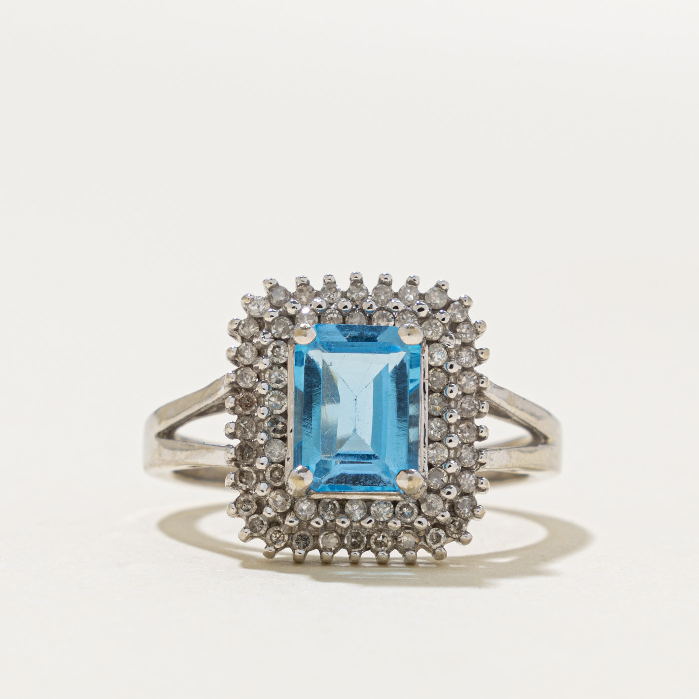 10k Emerald Cut Blue Topaz & Diamond Double Halo Ring | 2.00ct, 0.30ctw | SZ 8