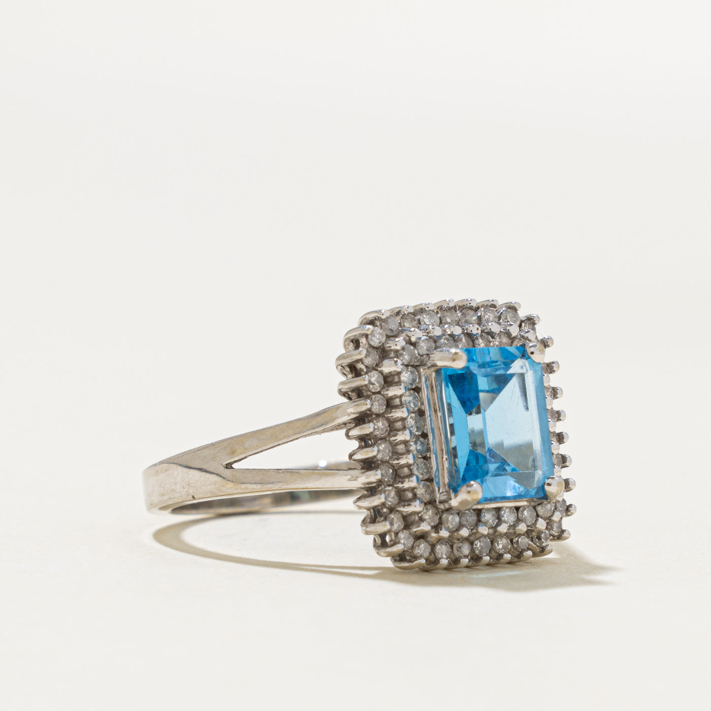 10k Emerald Cut Blue Topaz & Diamond Double Halo Ring | 2.00ct, 0.30ctw | SZ 8