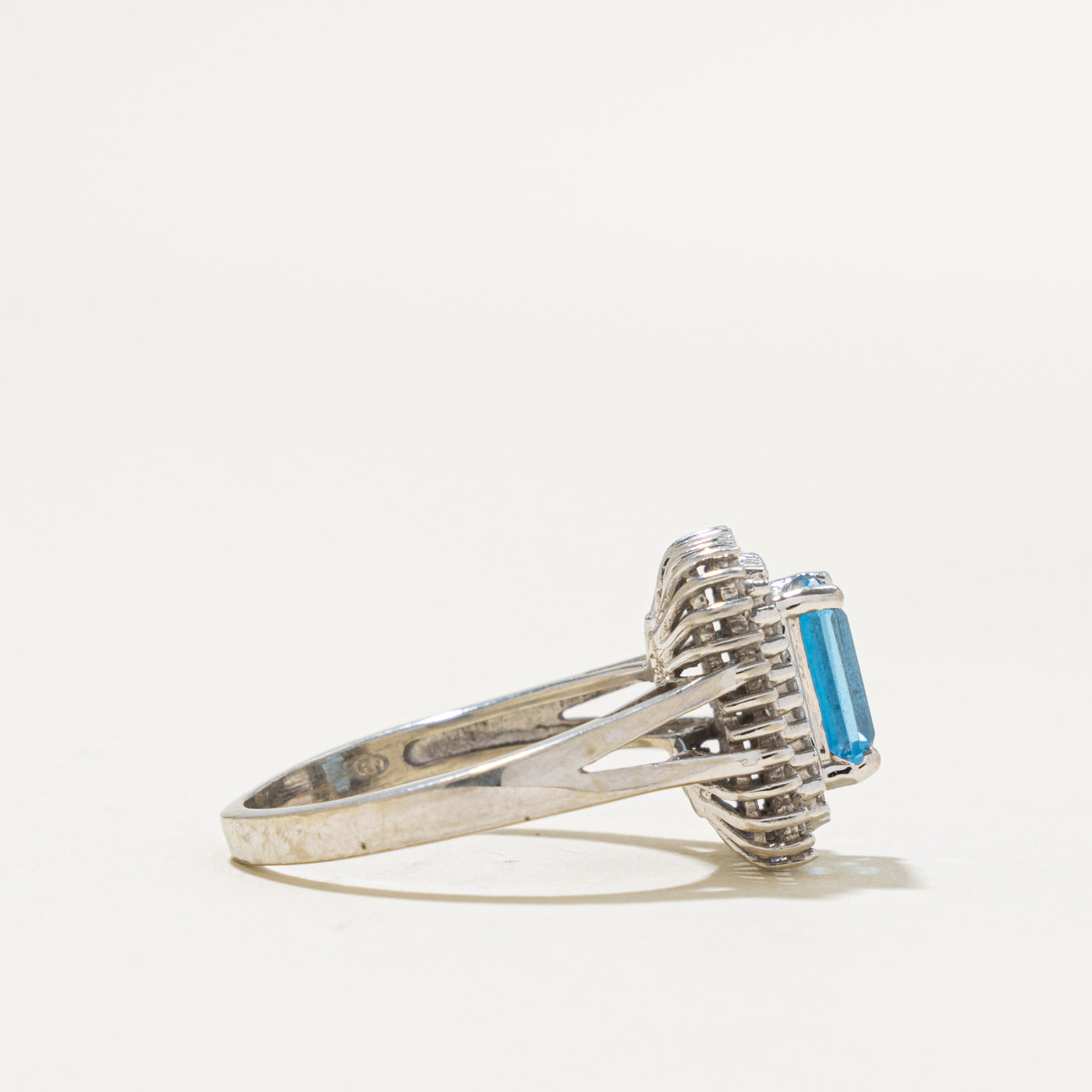 10k Emerald Cut Blue Topaz & Diamond Double Halo Ring | 2.00ct, 0.30ctw | SZ 8