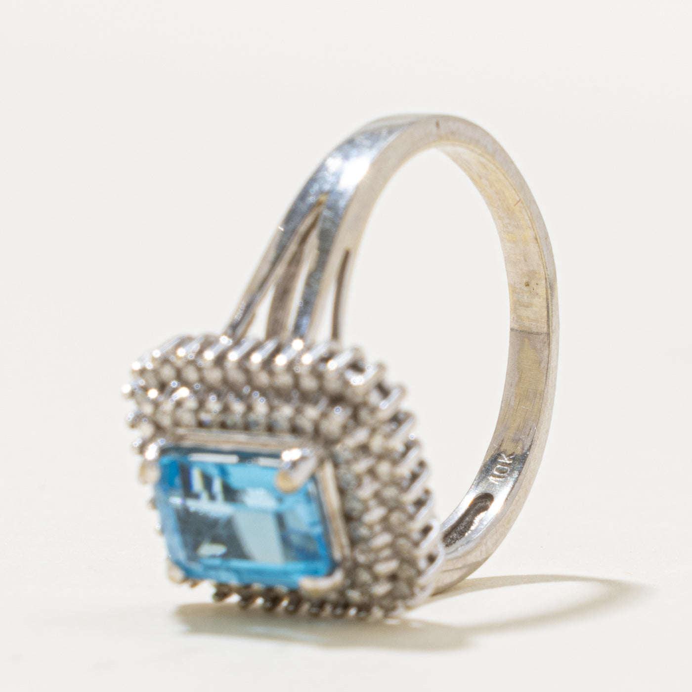 10k Emerald Cut Blue Topaz & Diamond Double Halo Ring | 2.00ct, 0.30ctw | SZ 8