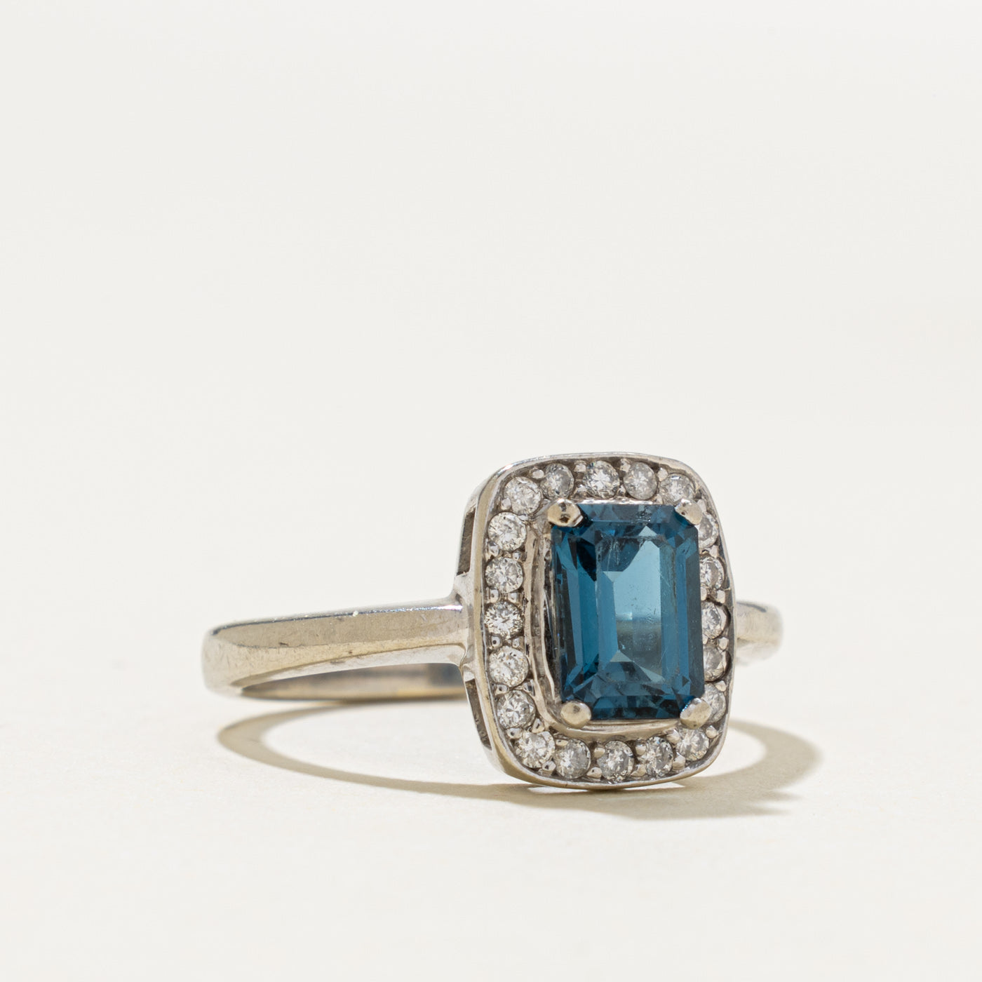 10k Pave Set London Blue Topaz & Diamond Halo Ring | 1.00ct, 0.20ctw | SZ 6.5