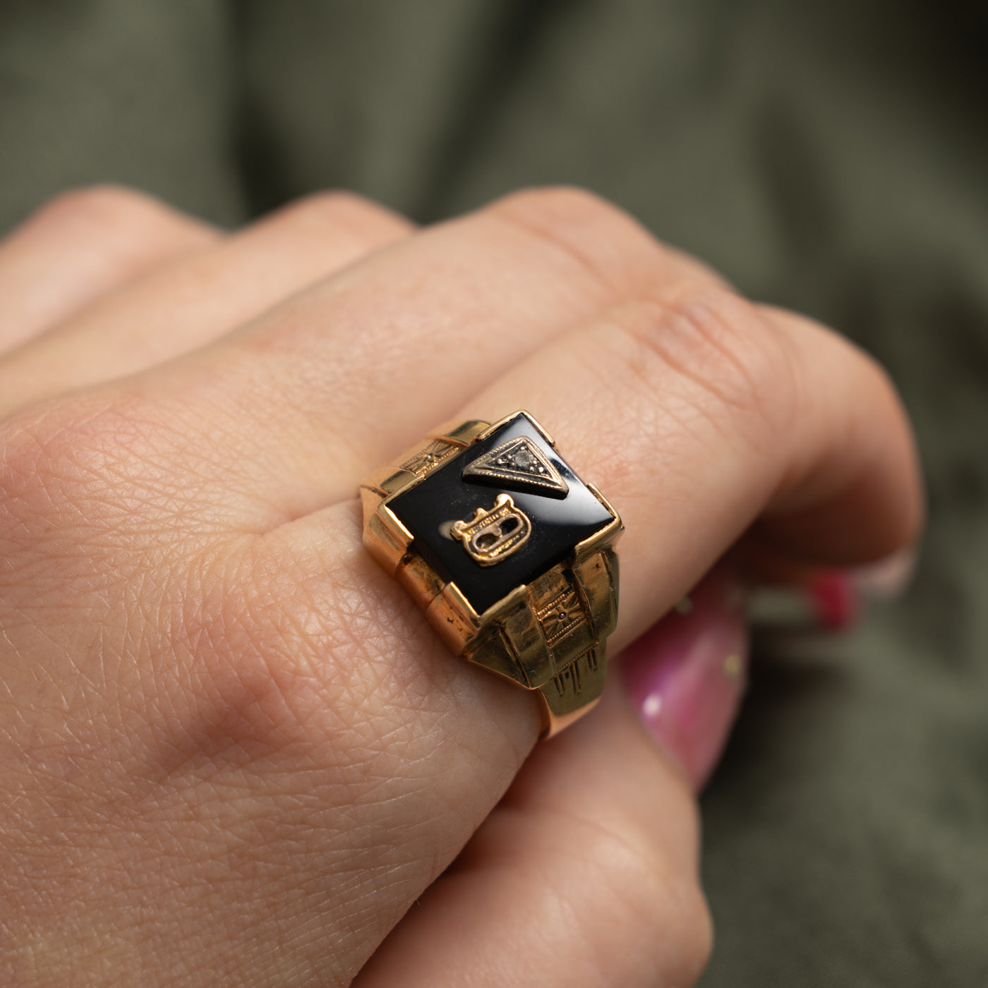 10k Onyx & Diamond "D" Initial Signet Ring | 3.60ct, 0.02ct | SZ 10.75