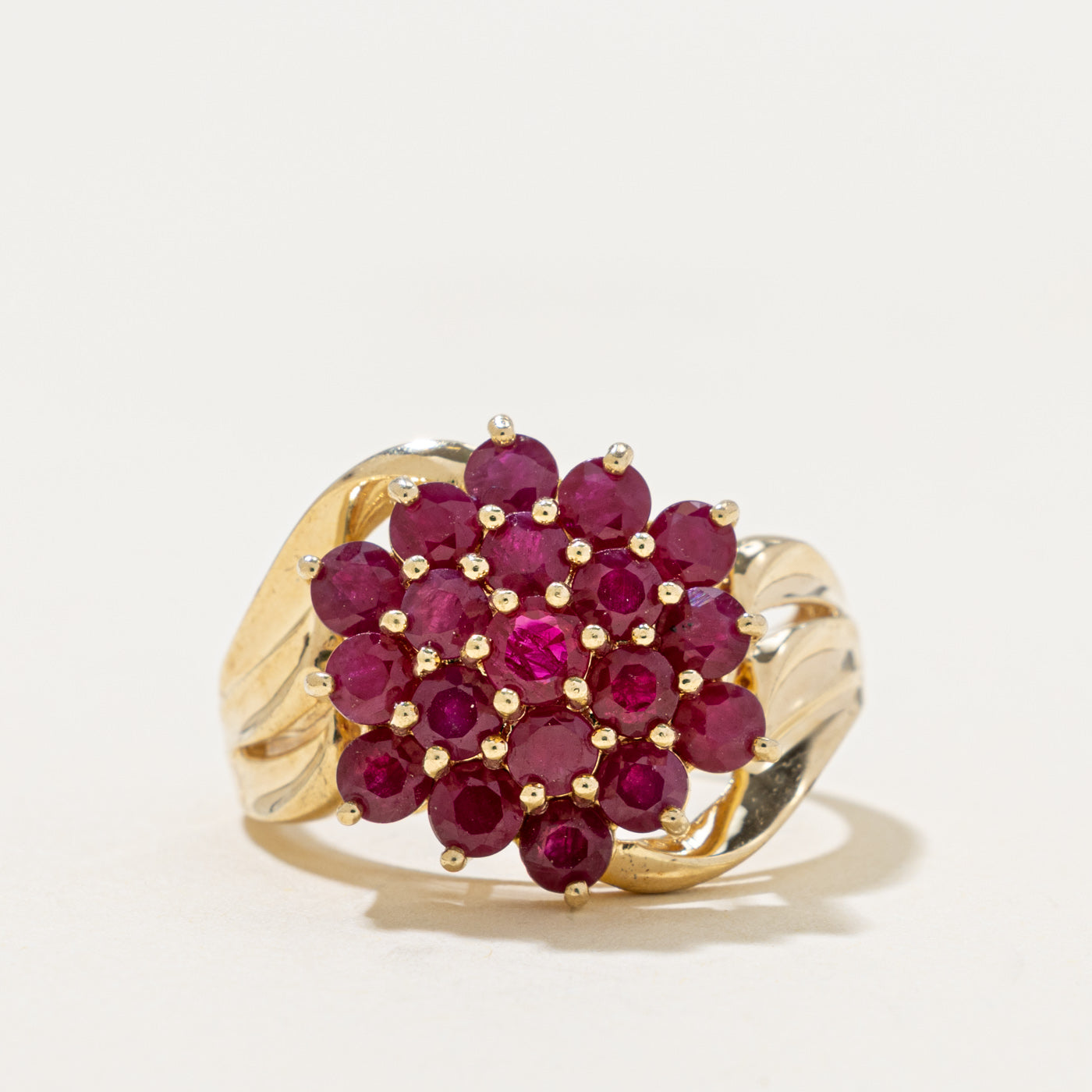 10k Ruby Floral Cluster Grooved Cocktail Ring | 2.77ct | SZ 7.75