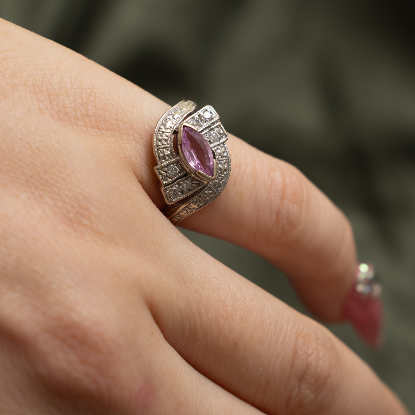 14k Marquise Cut Pink Sapphire & Diamond Geometric Cross Over Ring | 0.50ct, 0.14ctw | SZ 4.75