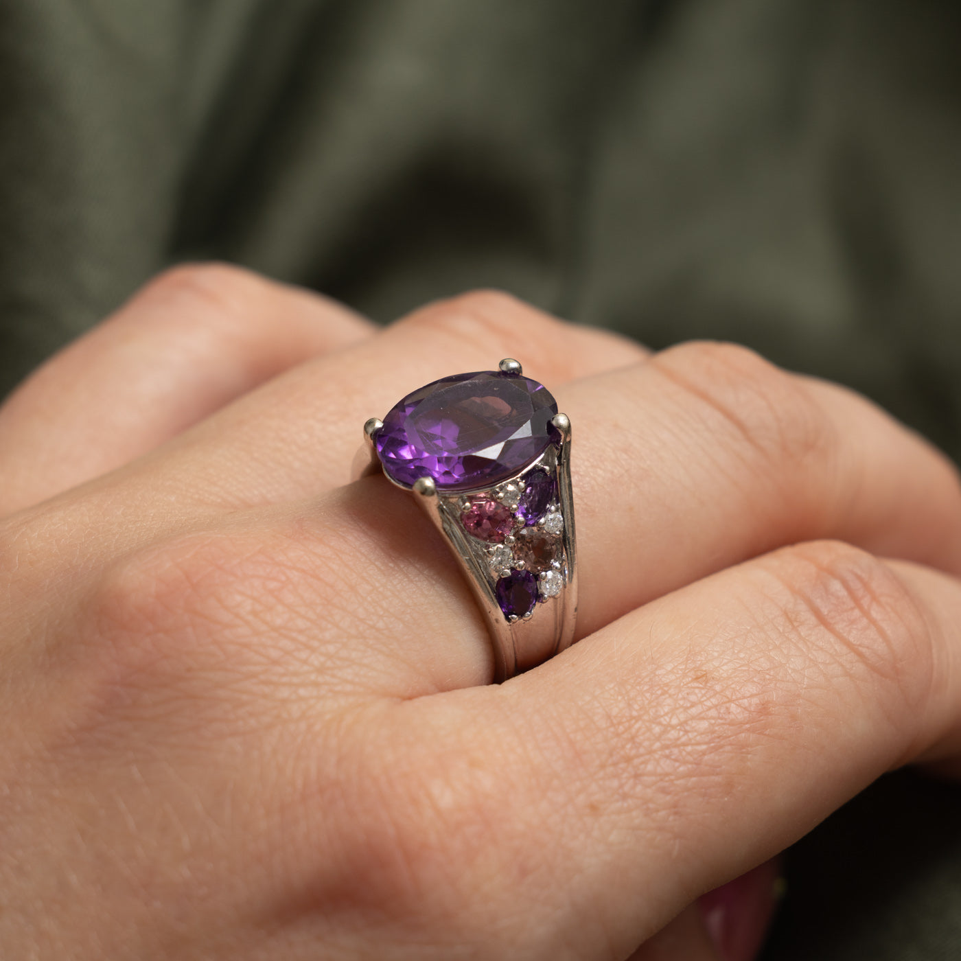 10k Oval Cut Amethyst, Tourmaline & Diamond Cocktail Ring | 5.90ctw, 0.16ctw | SZ 6