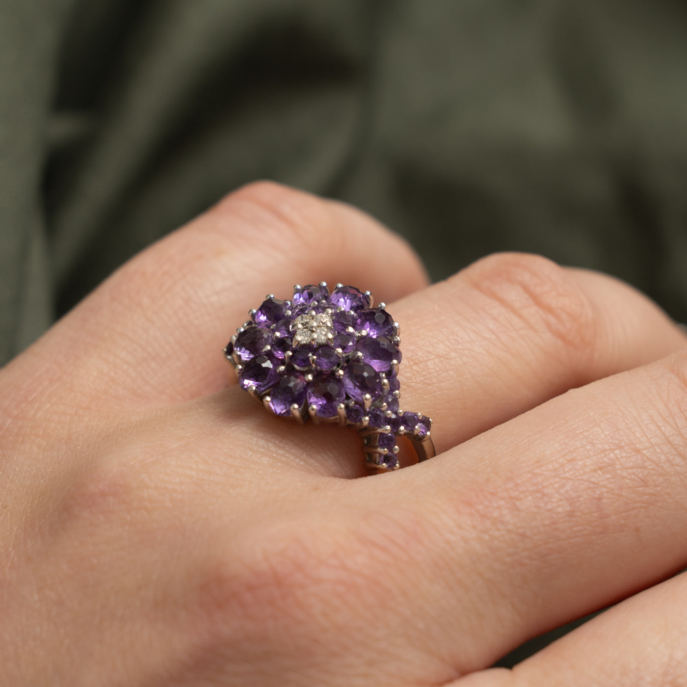 14k Amethyst & Diamond Floral Cluster Cocktail Ring | 2.00ct, 0.08ctw | SZ 8.5