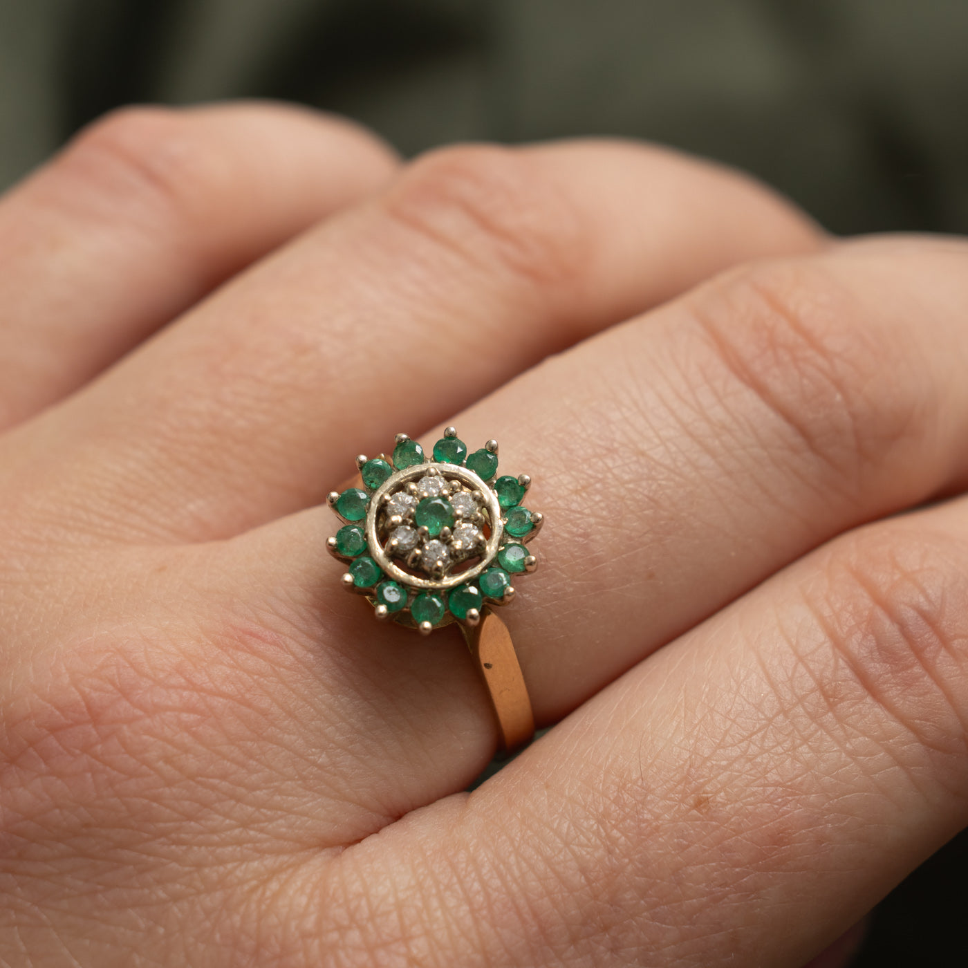 14k Emerald & Diamond Floral Cluster Ring | 0.30ct, 0.12ctw | SZ 6.75