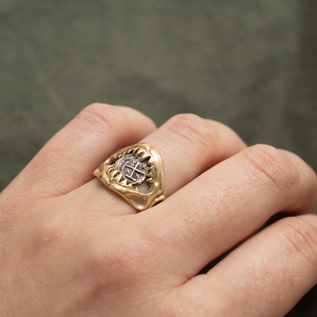 14k Shark Jaw Coin Cross Ring | SZ 6.75
