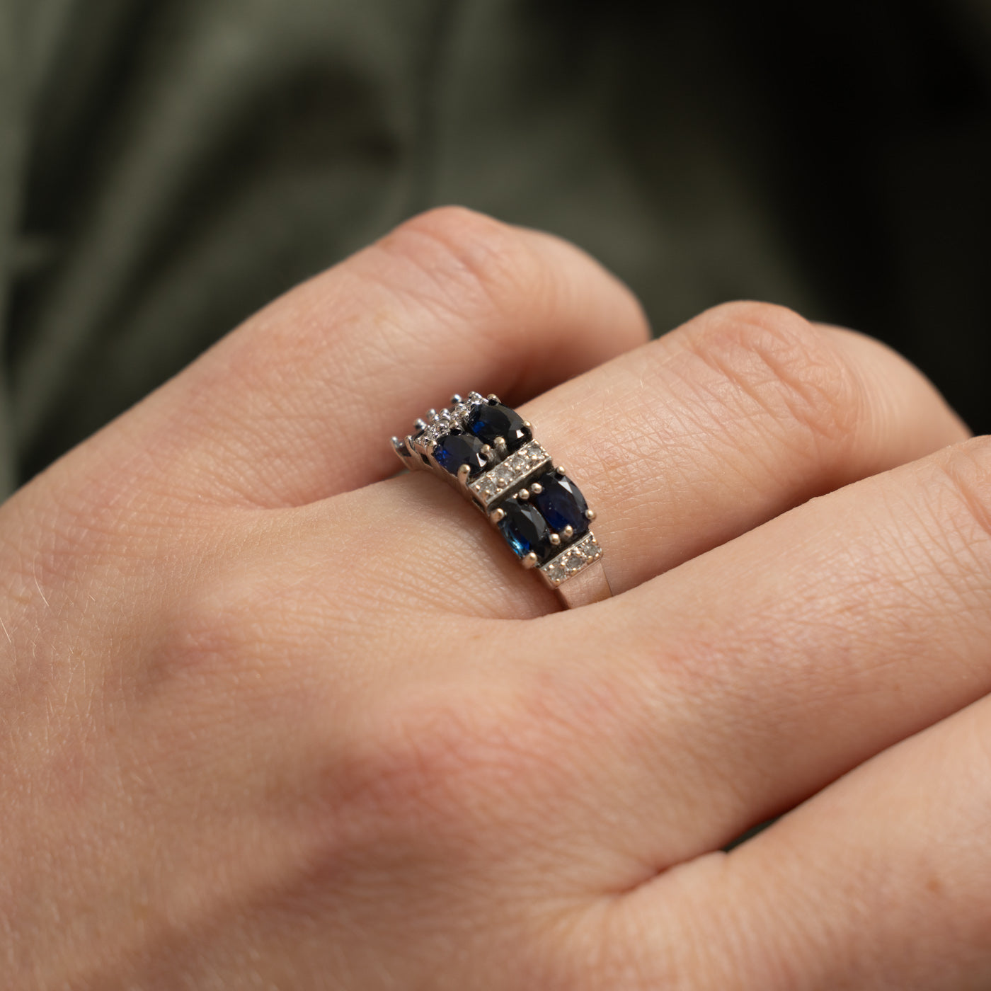 14k Oval Cut Sapphire & Diamond Grid Ring | 1.50ct, 0.06ctw | SZ 7