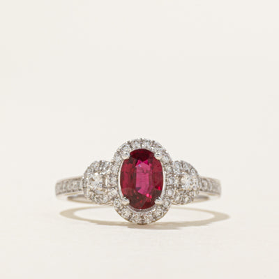 Unheated Vivid Purplish Red Ruby & Diamond Halo Ring | 0.91ct | 0.36ct | SZ 6.5