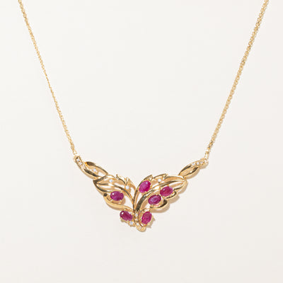 18k Ruby & Zircon Leaf Design Pendant Necklace | 2.70ctw, 0.10ctw | 14
