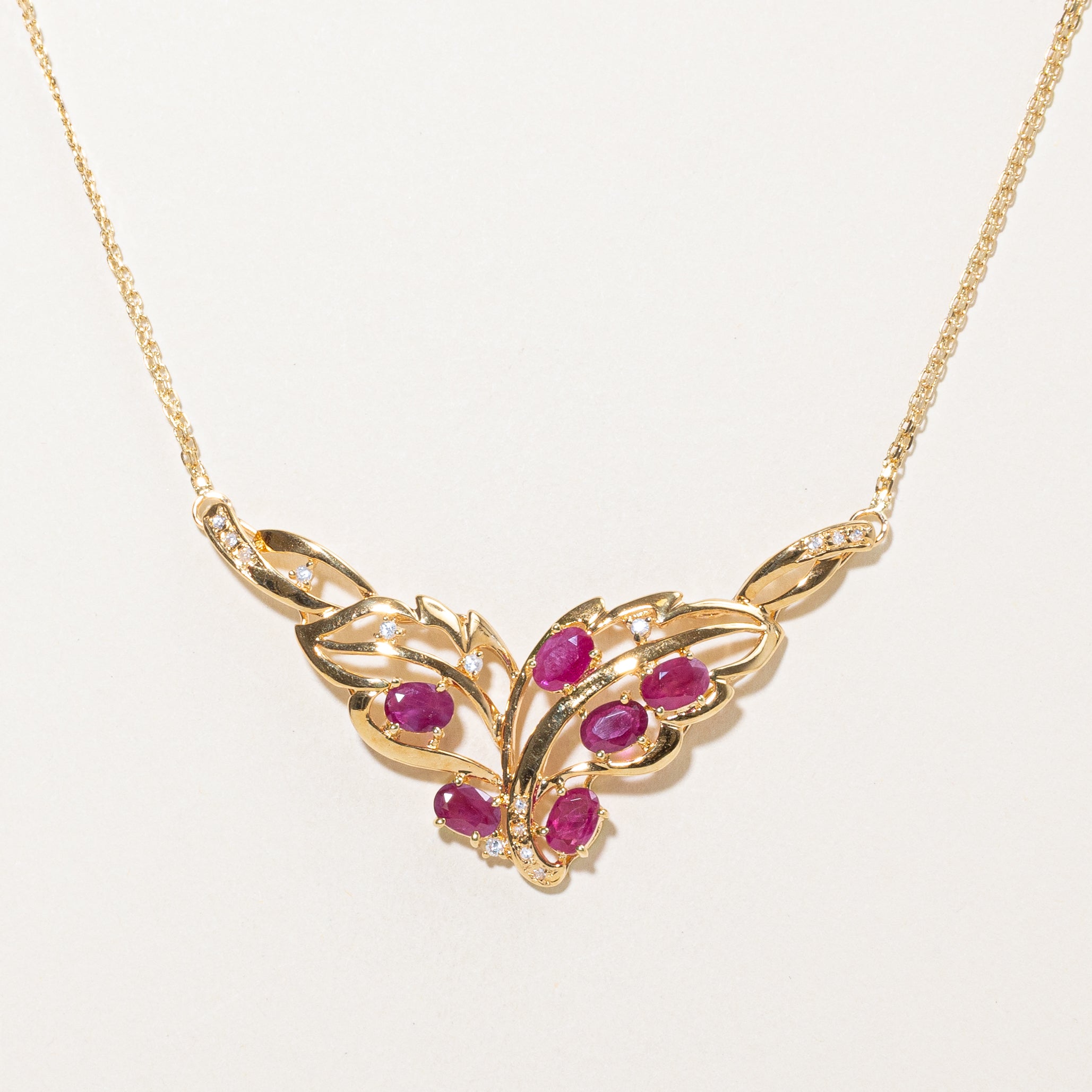 18k Ruby & Zircon Leaf Design Pendant Necklace | 2.70ctw, 0.10ctw | 14"