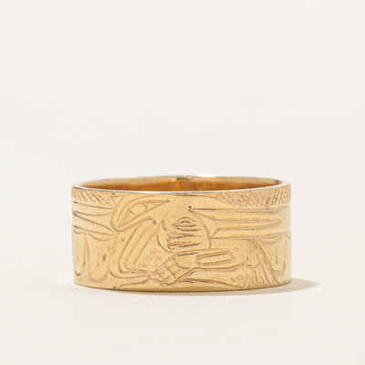 'Thunderbird' 14K Indigenous Hand Carved Yellow Gold Band | 9.75mm | SZ 9