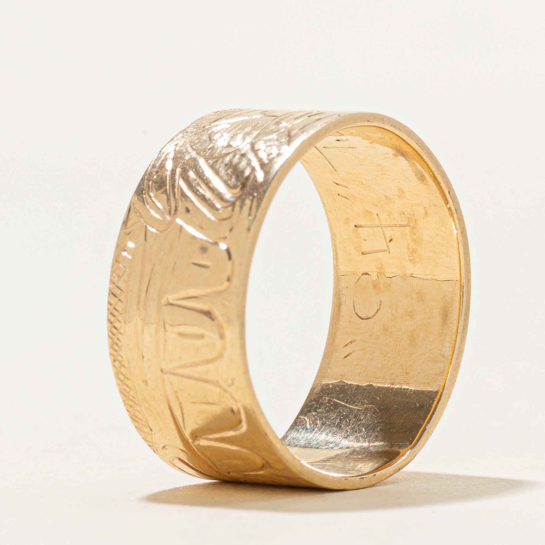 'Thunderbird' 14K Indigenous Hand Carved Yellow Gold Band | 9.75mm | SZ 9