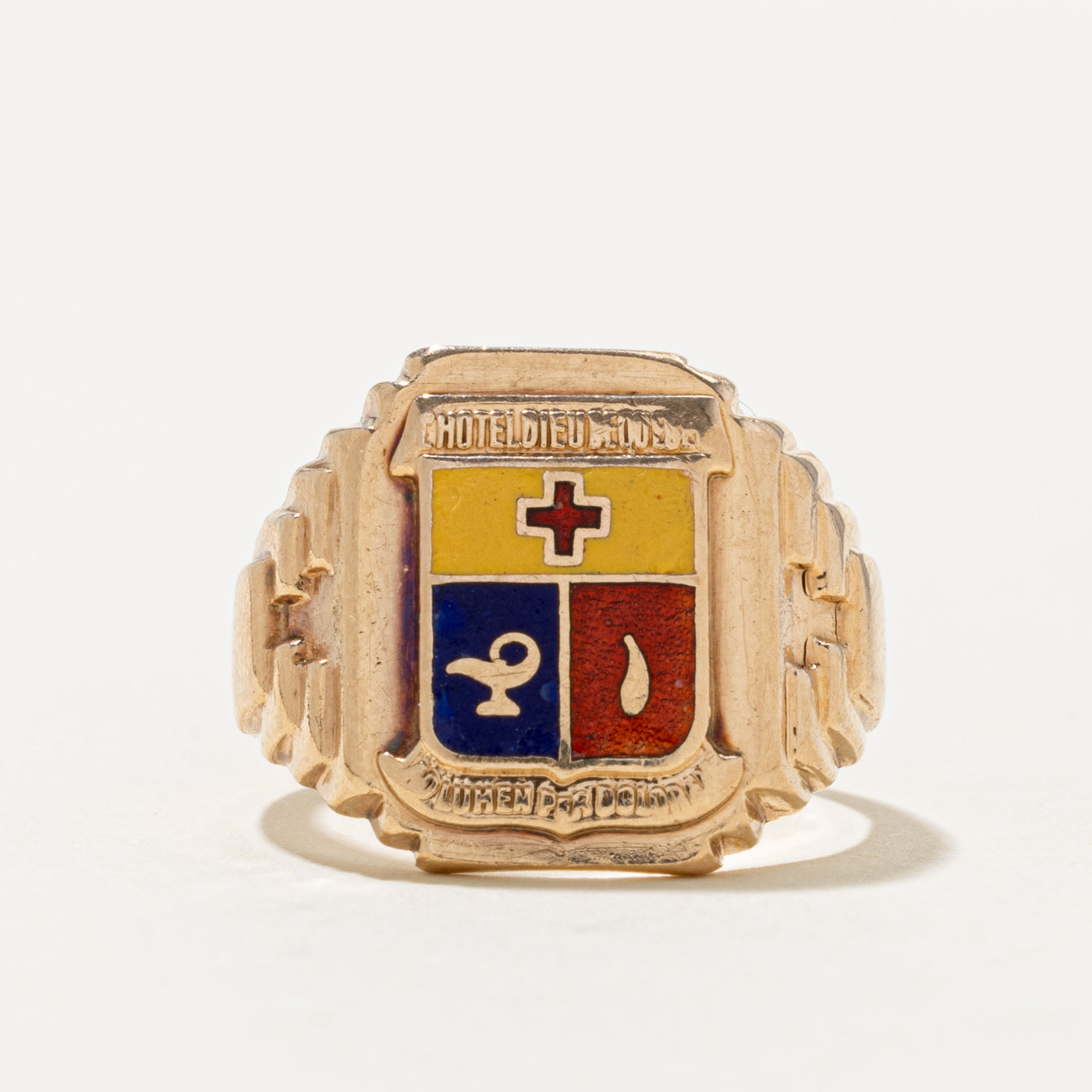'Birks' Yellow Gold Enamel Crest Signet Ring | SZ 7