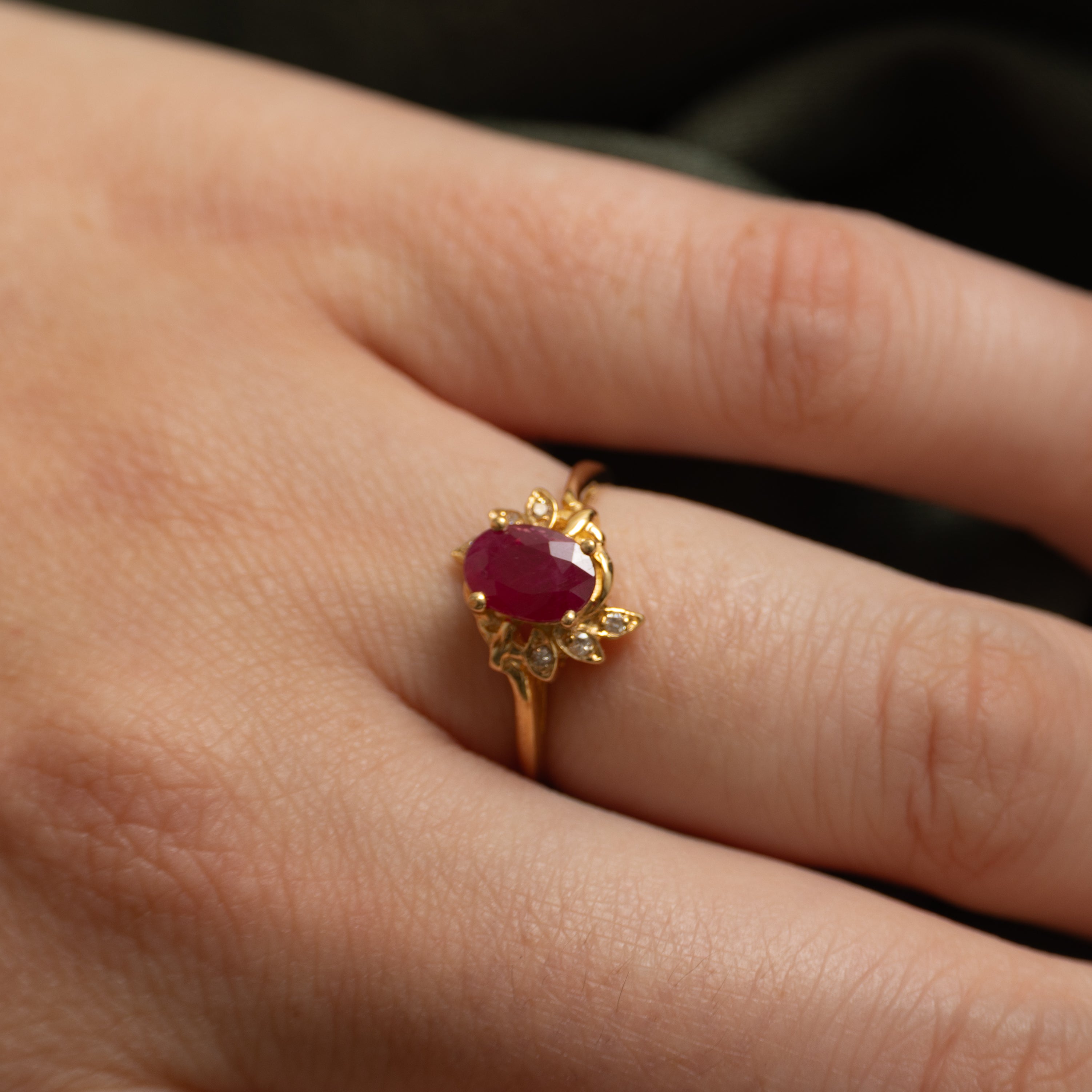 18k Ruby & Diamond Halo Floral Thin Ring | 0.75ct, 0.03ctw | SZ 5.5
