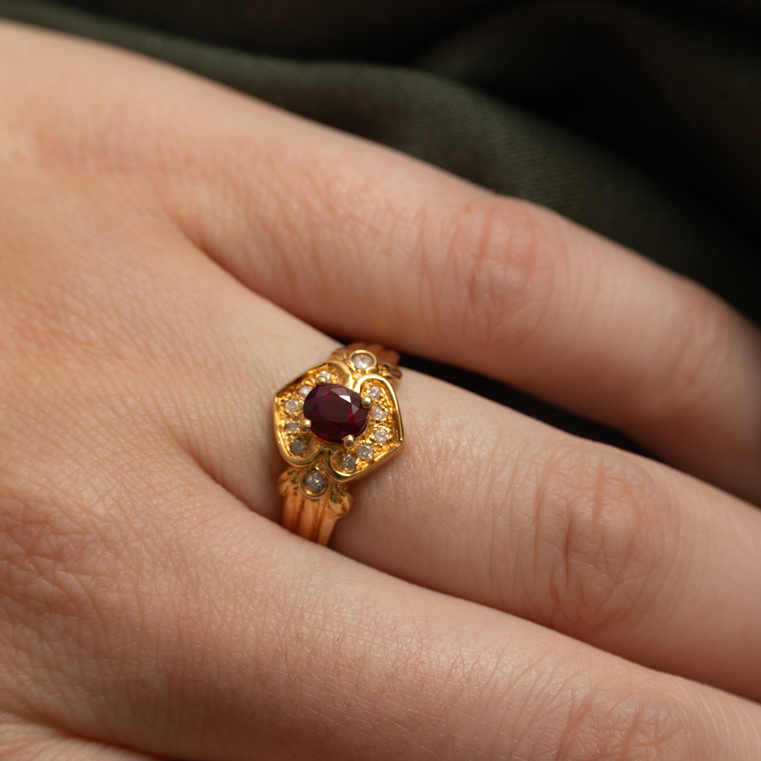 18k Ruby & Diamond Halo Grooved Ring | 0.75ct, 0.08ctw | SZ 6