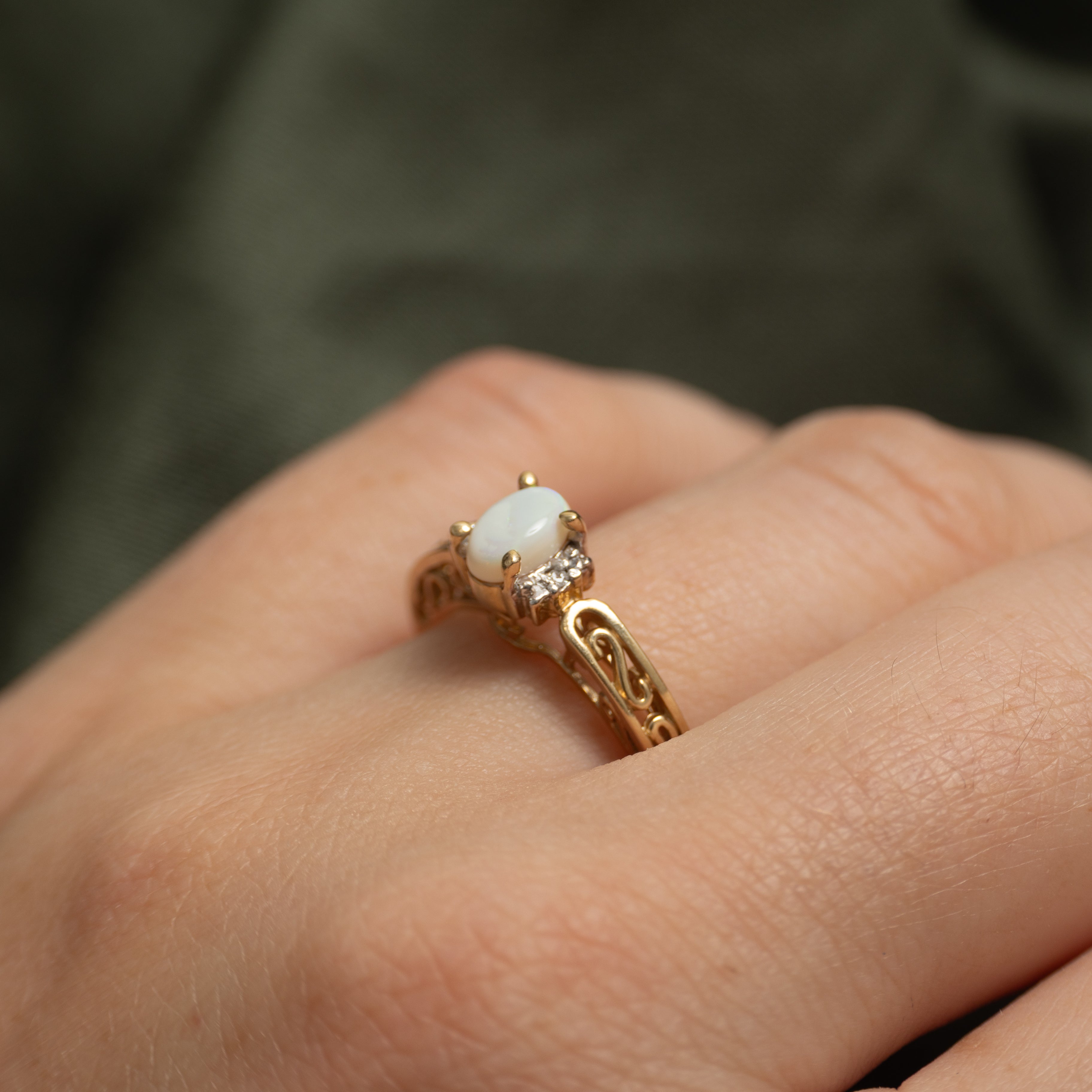 Cabochon Opal & Diamond Scrollwork Ring | 0.27ct, 0.004ctw | SZ 6.75