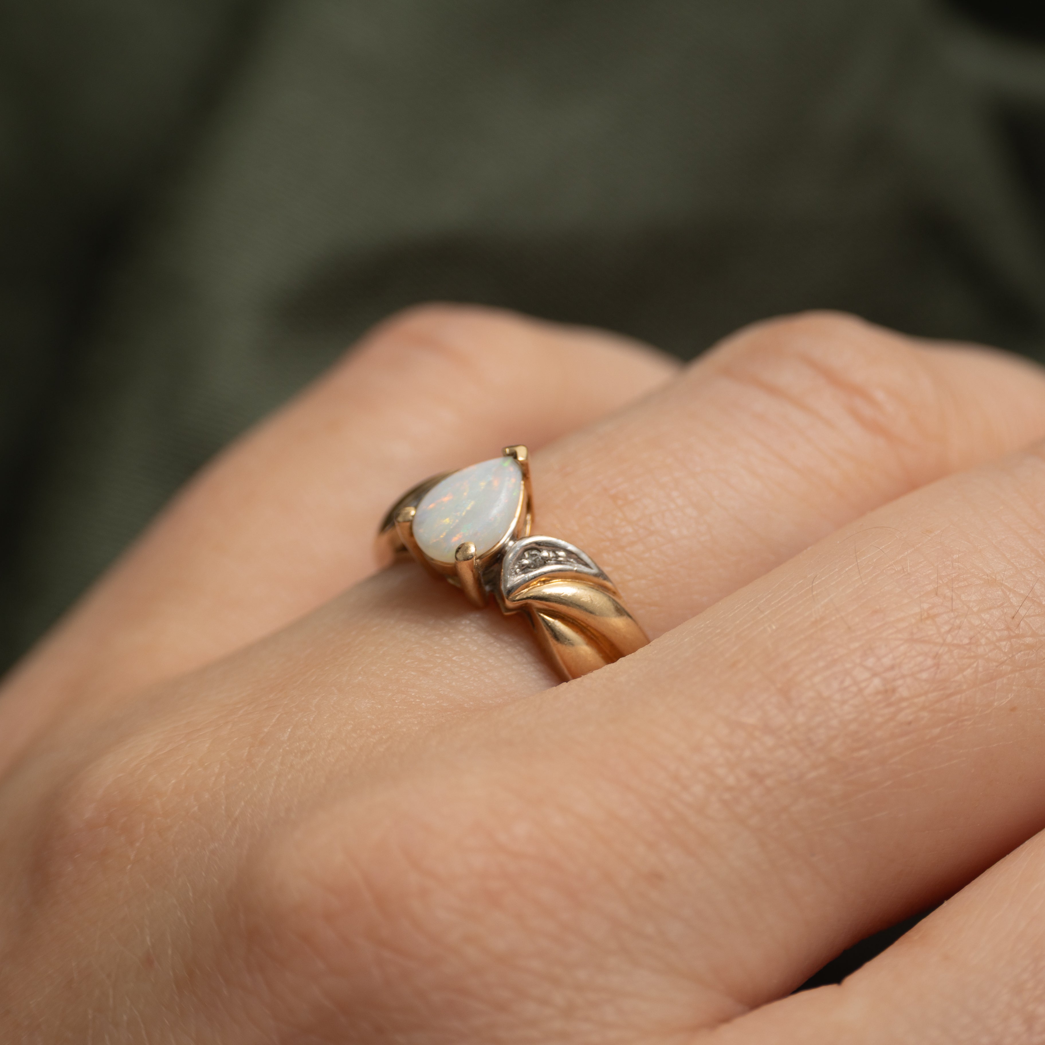 Pear Cut Opal & Diamond Grooved Ring | 0.26ct, 0.002ctw | SZ 6