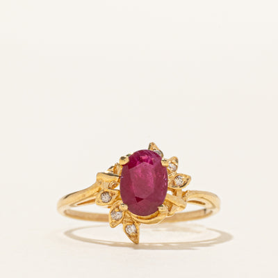 18k Ruby & Diamond Halo Floral Thin Ring | 0.75ct, 0.03ctw | SZ 5.5