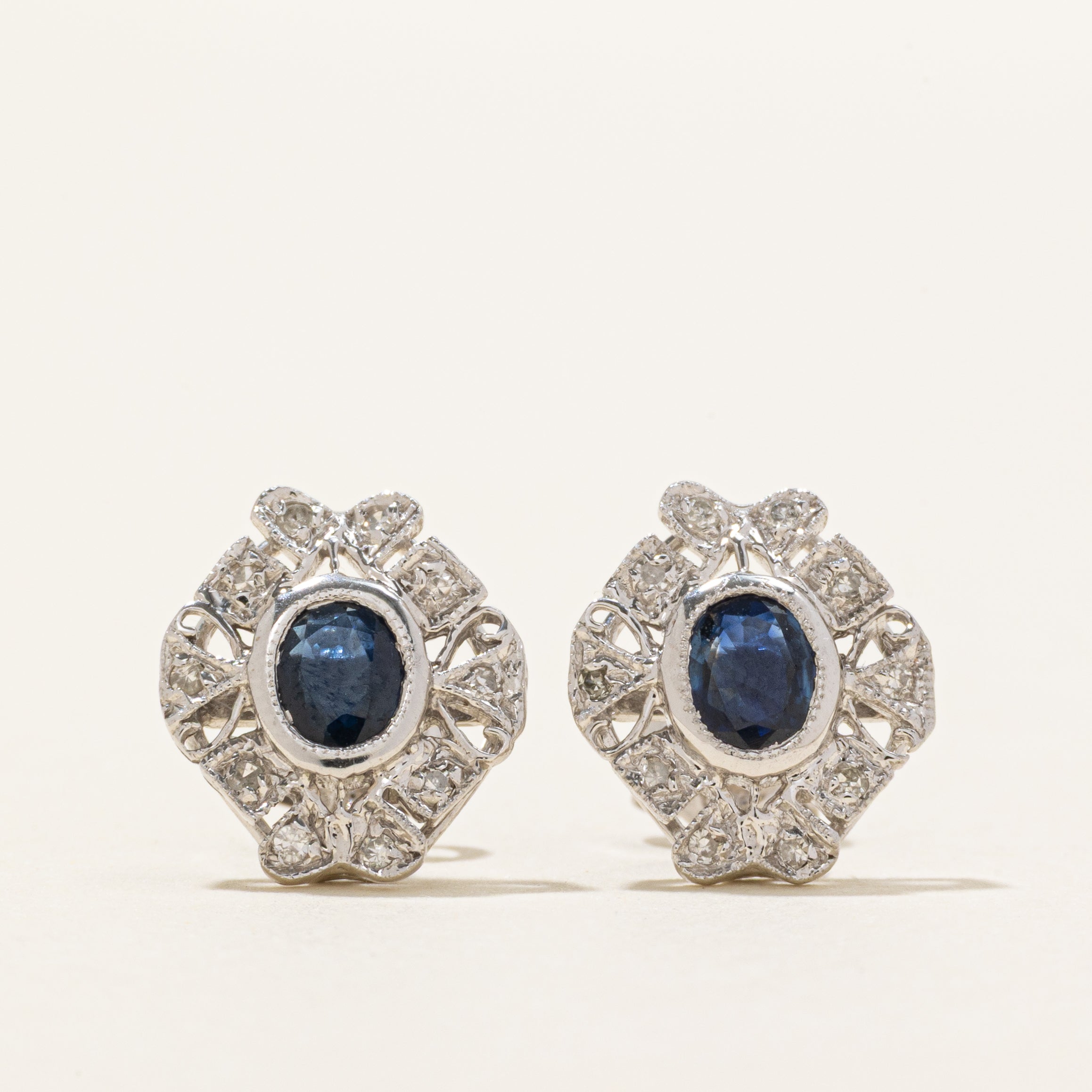 Bezel Set Sapphire & Diamond Ornate Stud Earrings | 0.50ctw, 0.10ctw