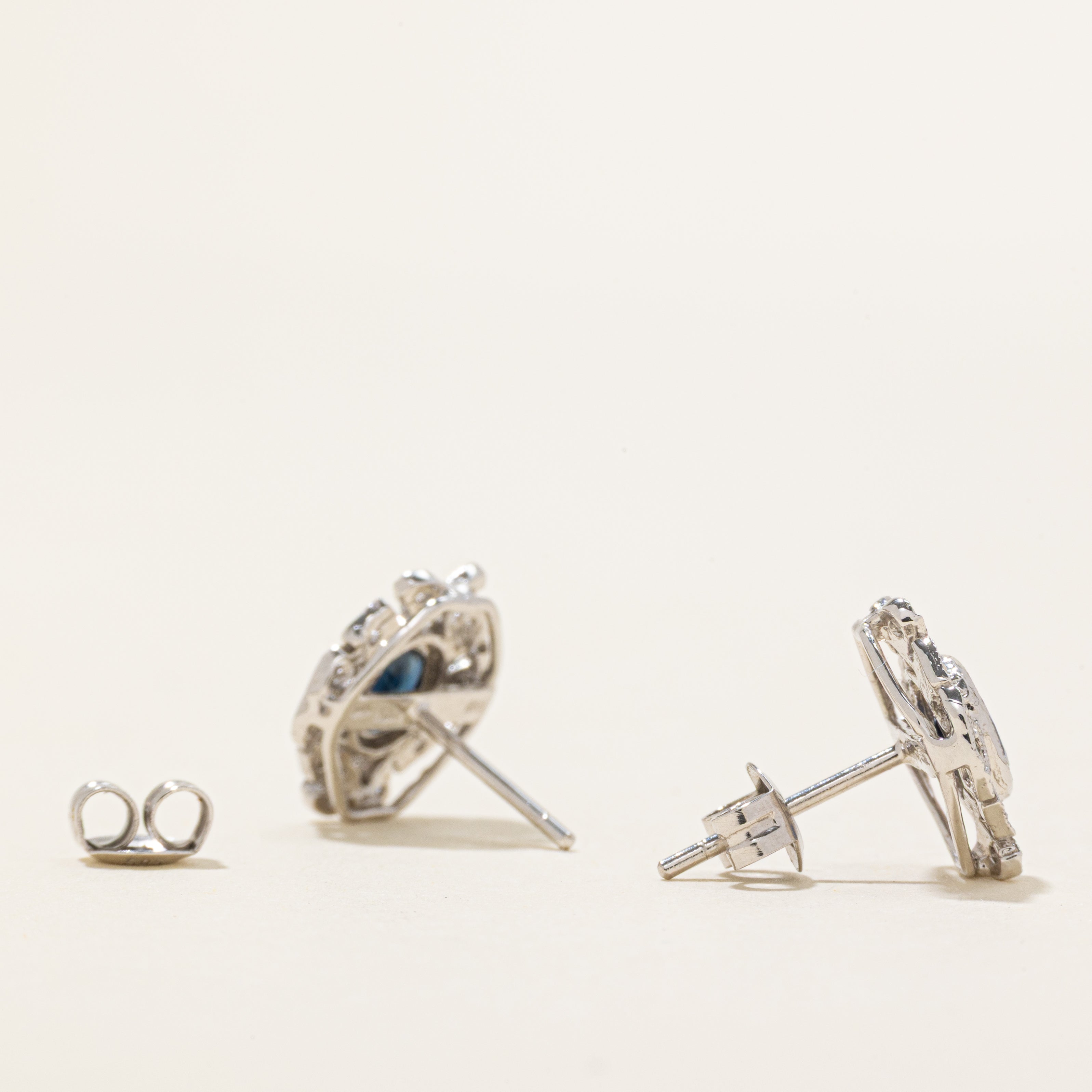 Bezel Set Sapphire & Diamond Ornate Stud Earrings | 0.50ctw, 0.10ctw