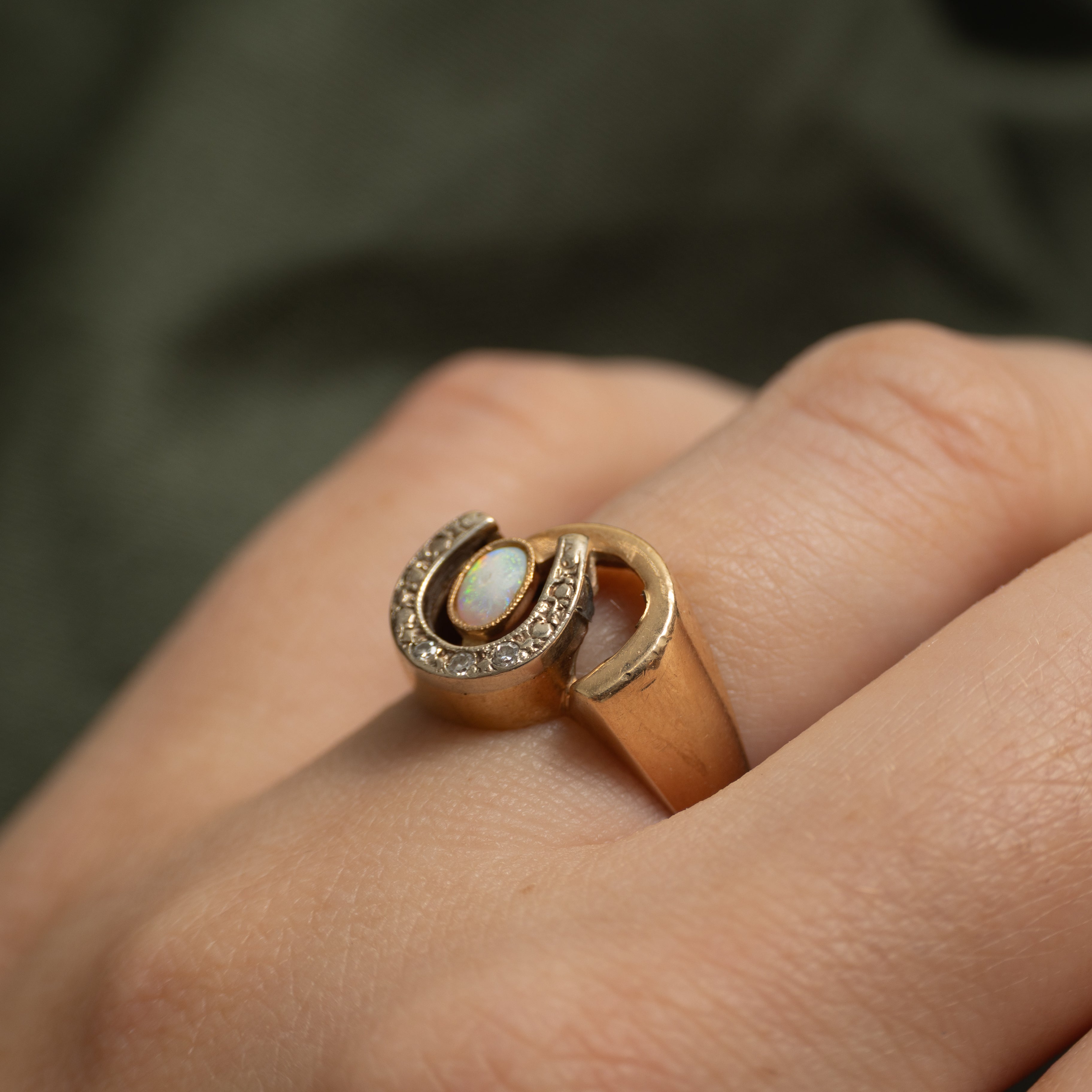 Cabochon Opal & Diamond Horseshoe Ring | 0.07ct, 0.02ctw | SZ 5.5