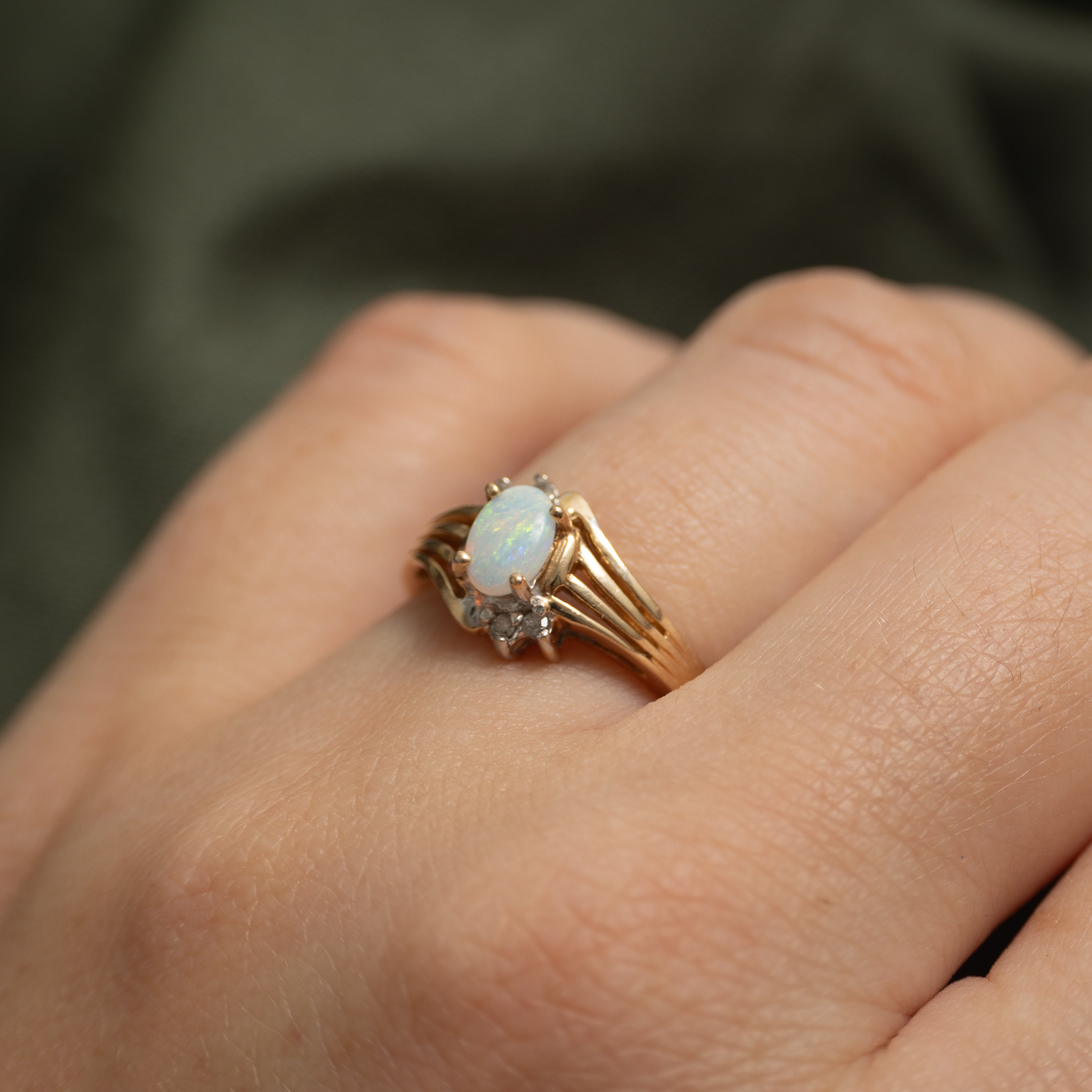 Cabochon Opal & Diamond Grooved Bypass Ring | 0.20ct, 0.01ctw | SZ 5