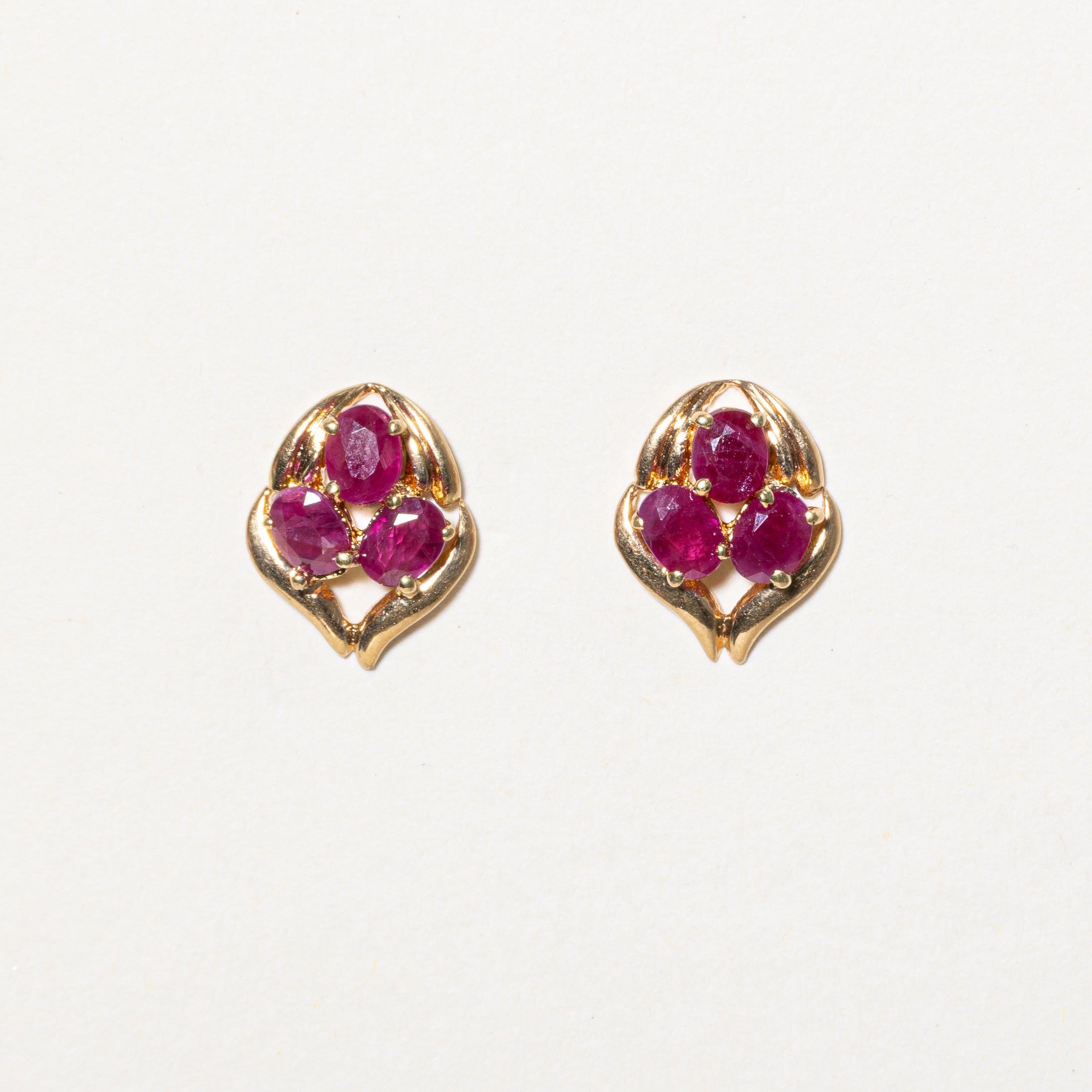 18k Three-Stone Ruby Cluster Stud Earrings | 1.20ctw