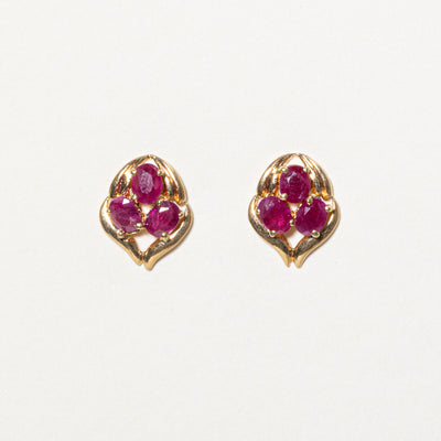 18k Three-Stone Ruby Cluster Stud Earrings | 1.20ctw