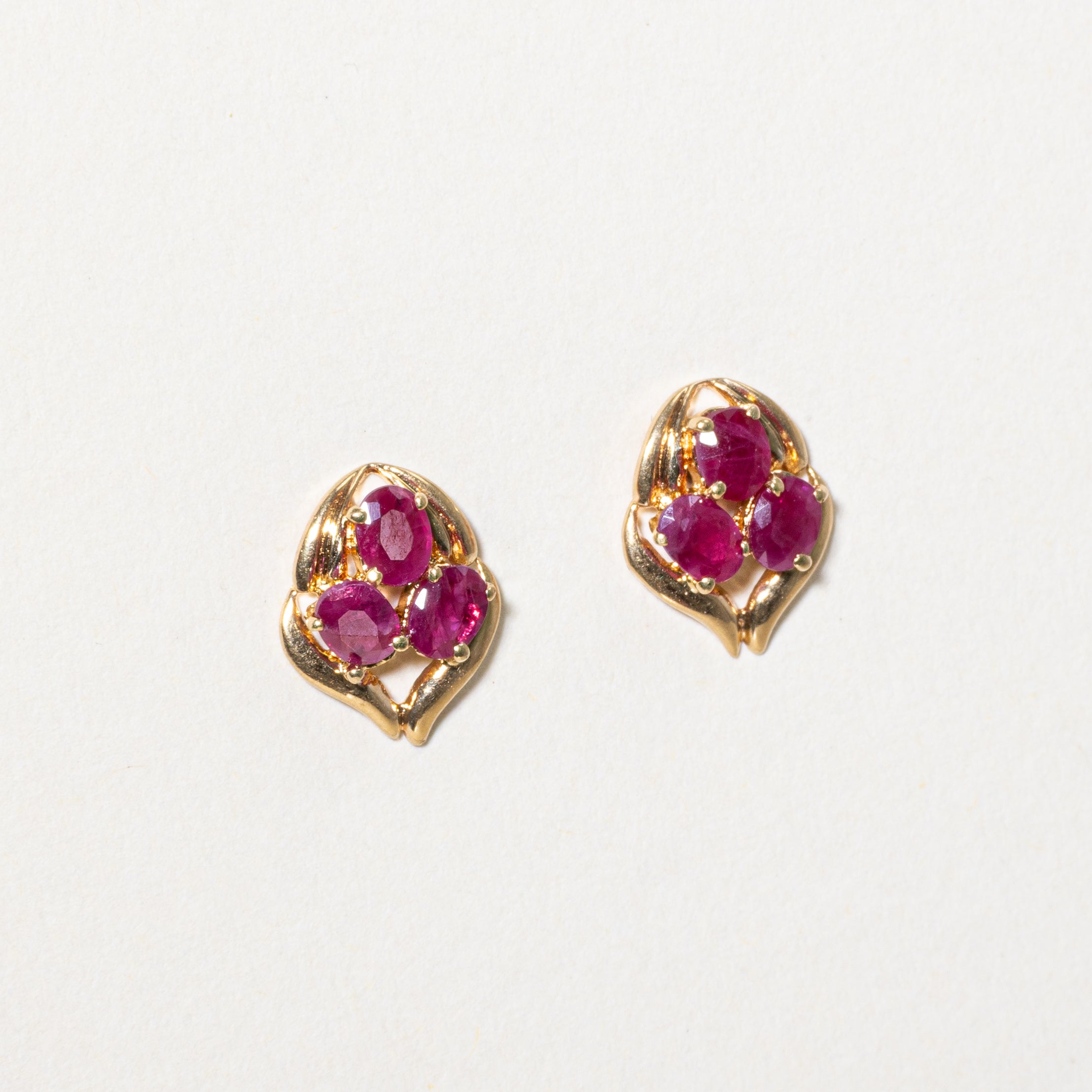18k Three-Stone Ruby Cluster Stud Earrings | 1.20ctw