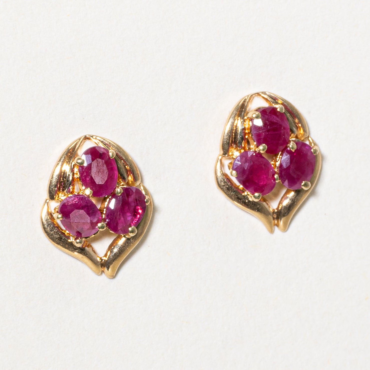 18k Three-Stone Ruby Cluster Stud Earrings | 1.20ctw