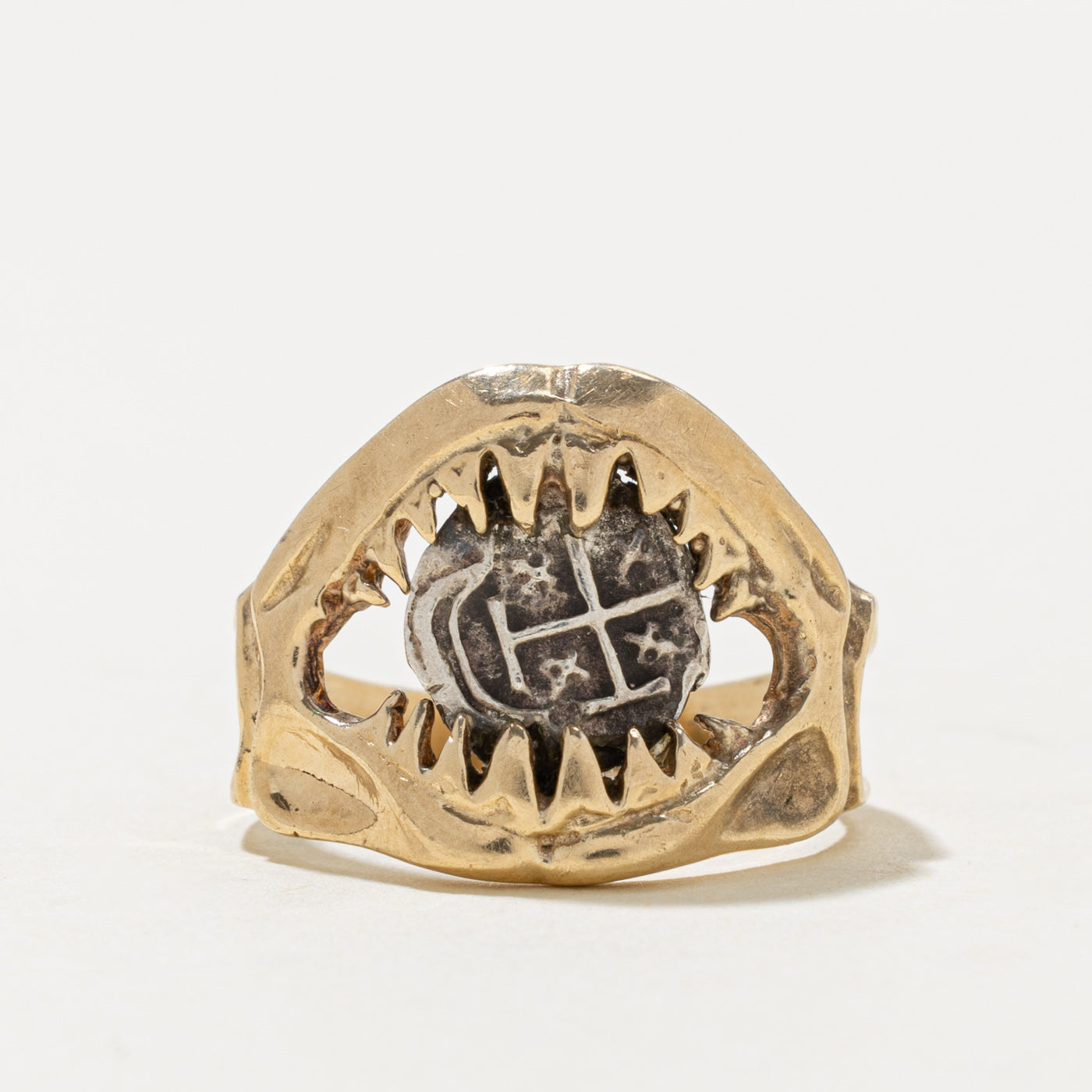 14k Shark Jaw Coin Cross Ring | SZ 6.75
