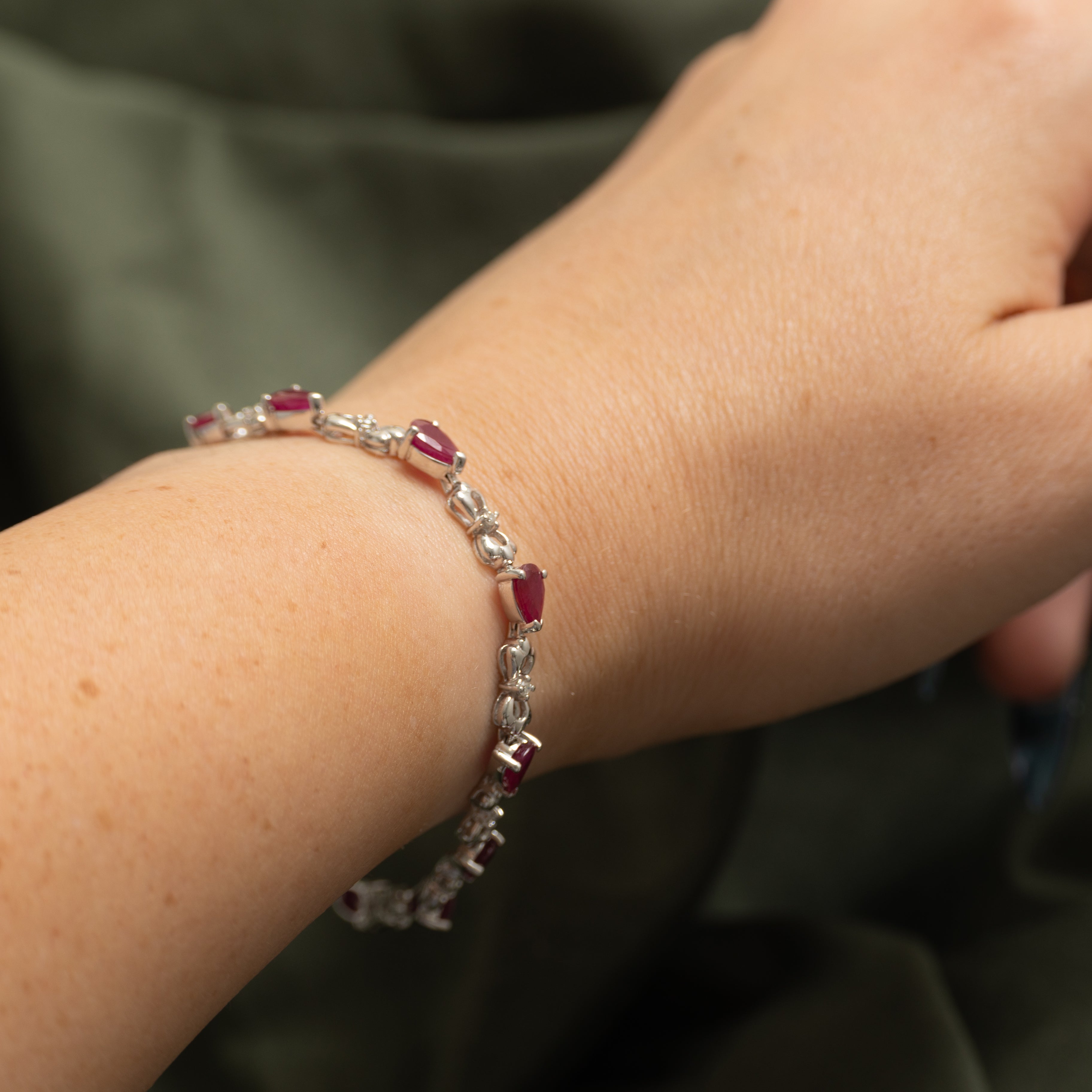 18k White Gold Pear Cut Ruby & Diamond Bracelet | 5.00ctw, 0.10ctw | 7"