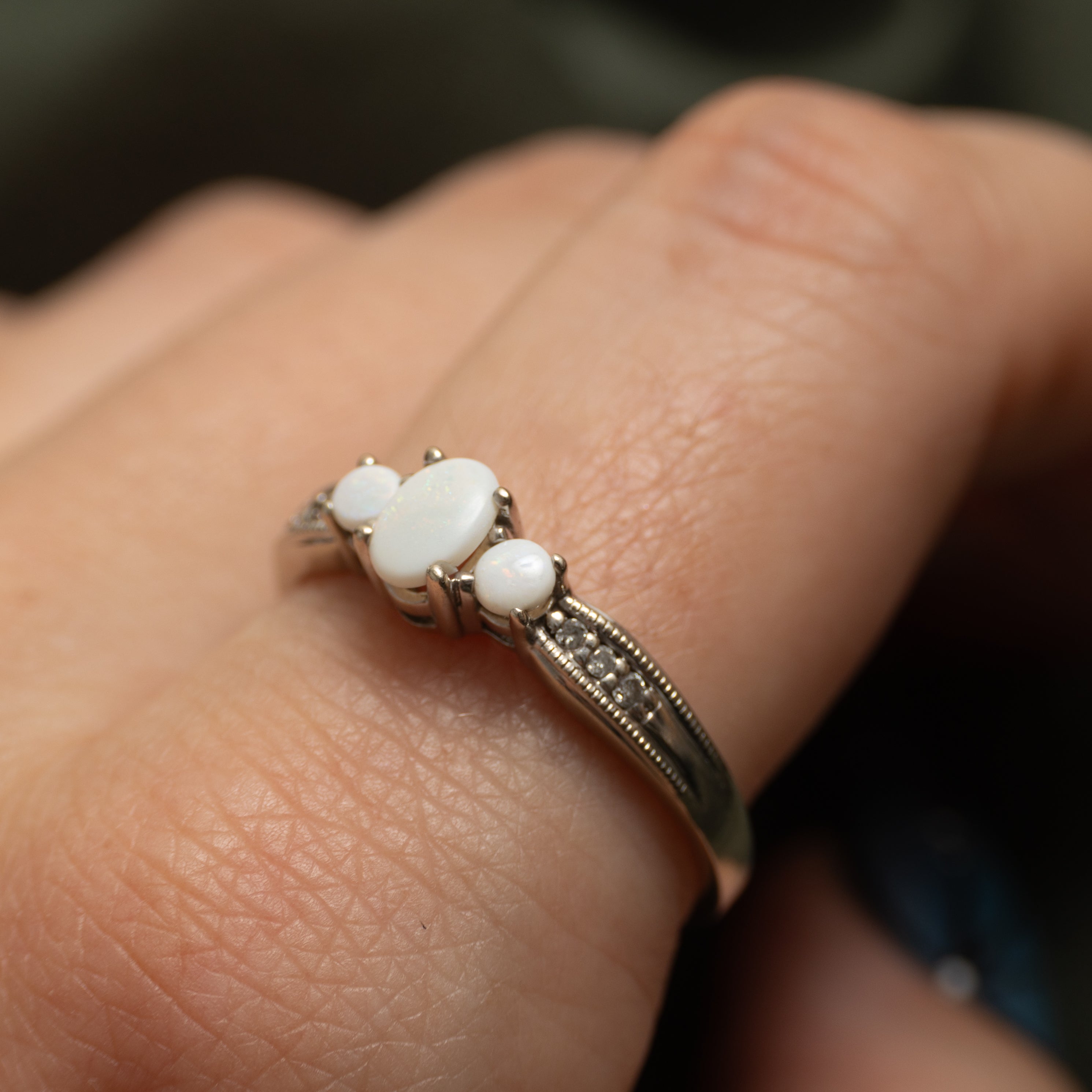 Three Stone Opal & Diamond Ring | 0.21ctw, 0.03ctw | SZ 10