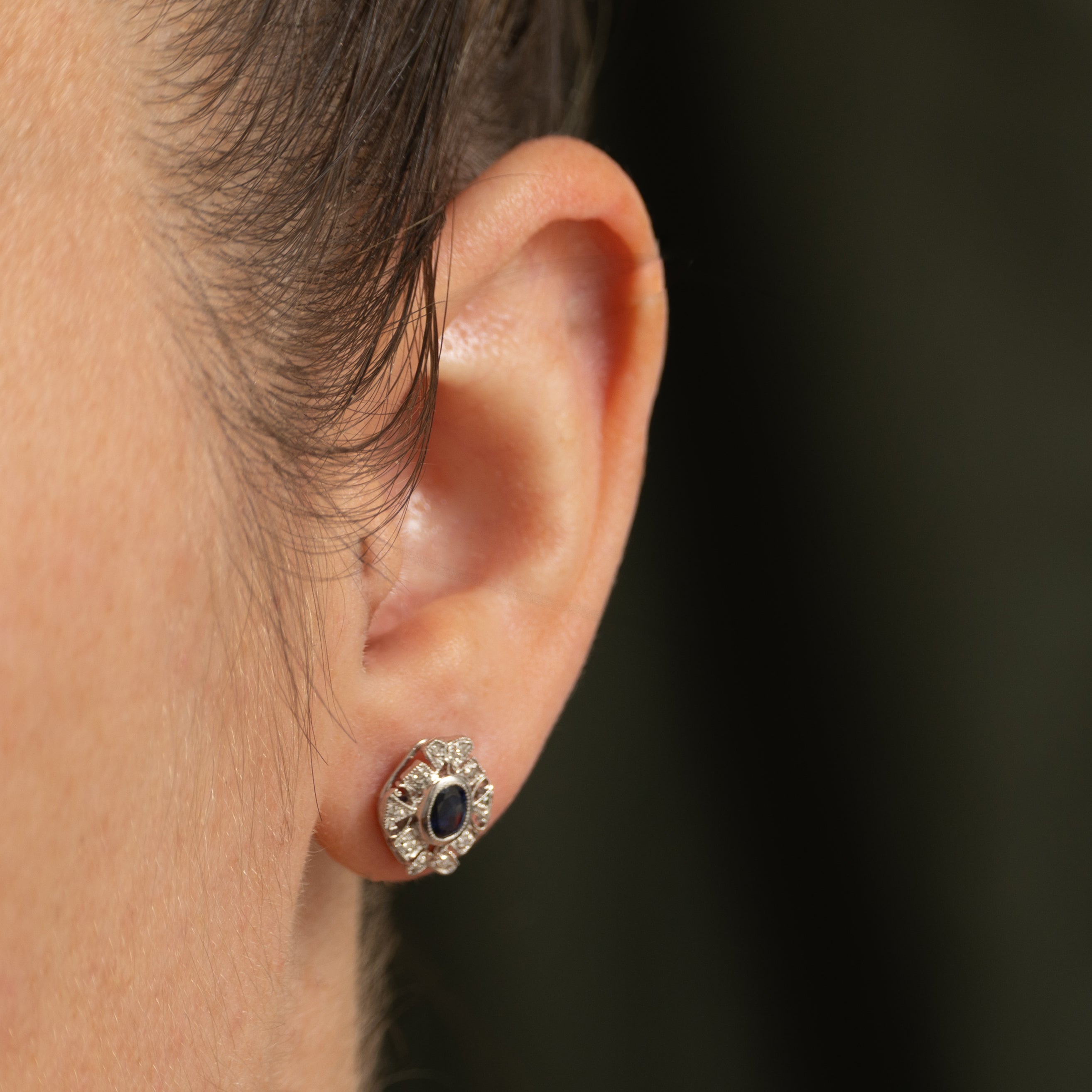 Bezel Set Sapphire & Diamond Ornate Stud Earrings | 0.50ctw, 0.10ctw