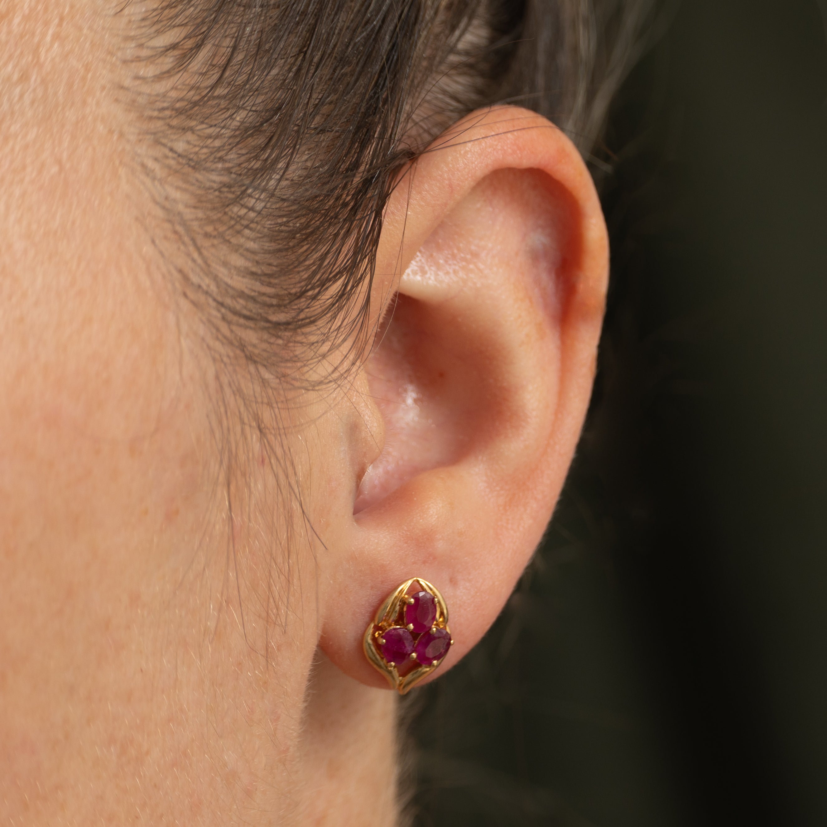 18k Three-Stone Ruby Cluster Stud Earrings | 1.20ctw