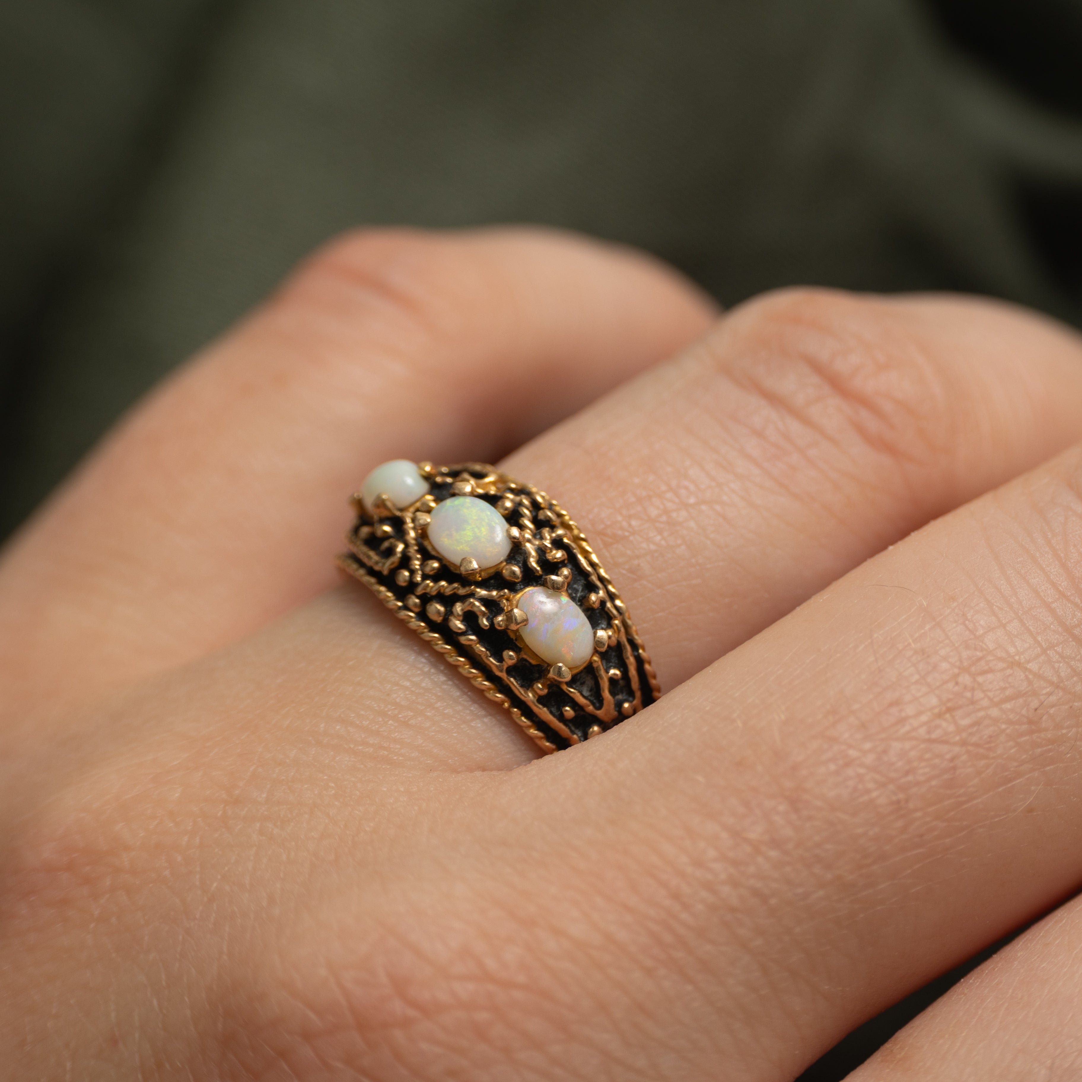 Three Stone Opal Textured Ring | 0.29ctw | SZ 7
