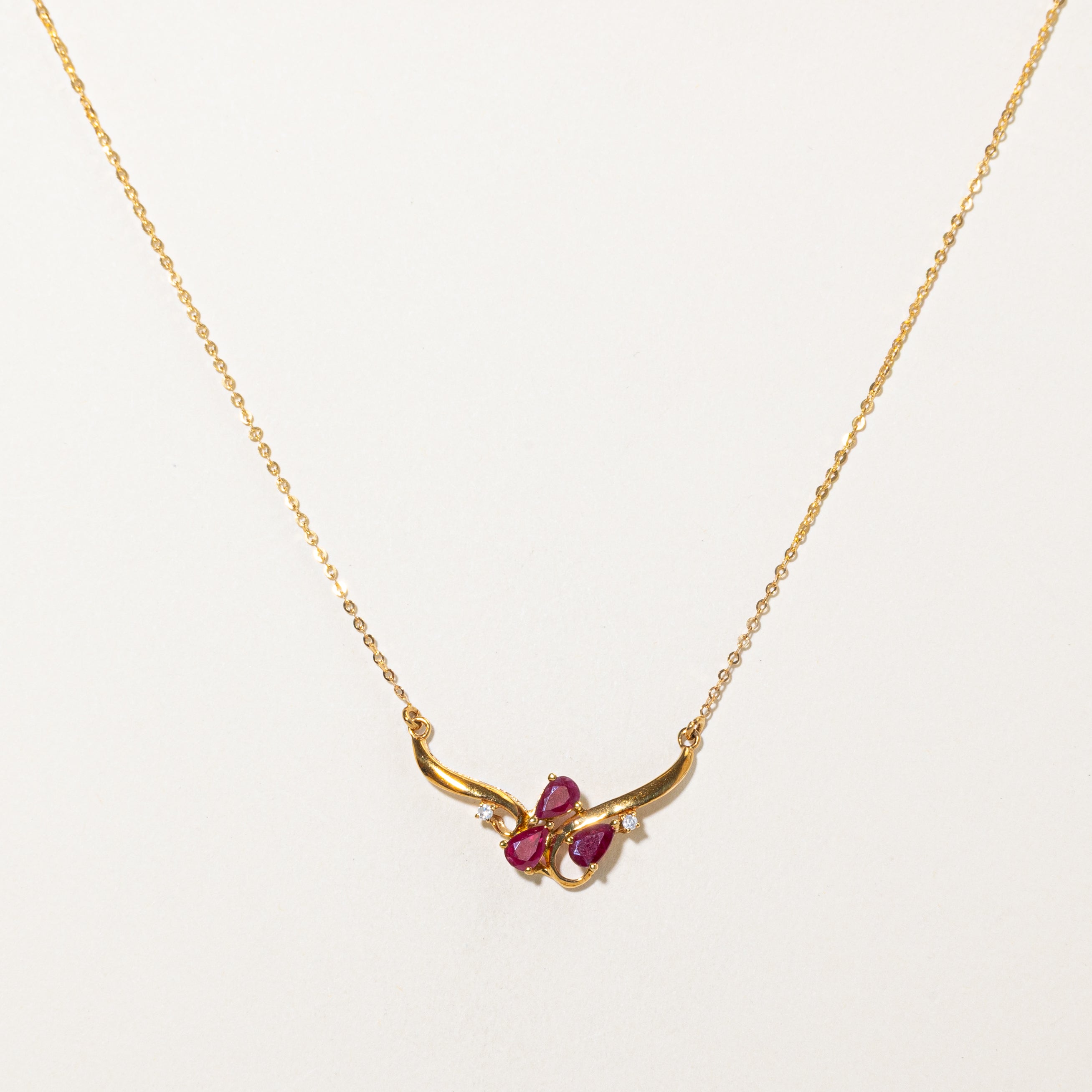18k Pear Cut Ruby & Diamond Pendant Necklace | 0.75ctw, 0.04ctw | 17"