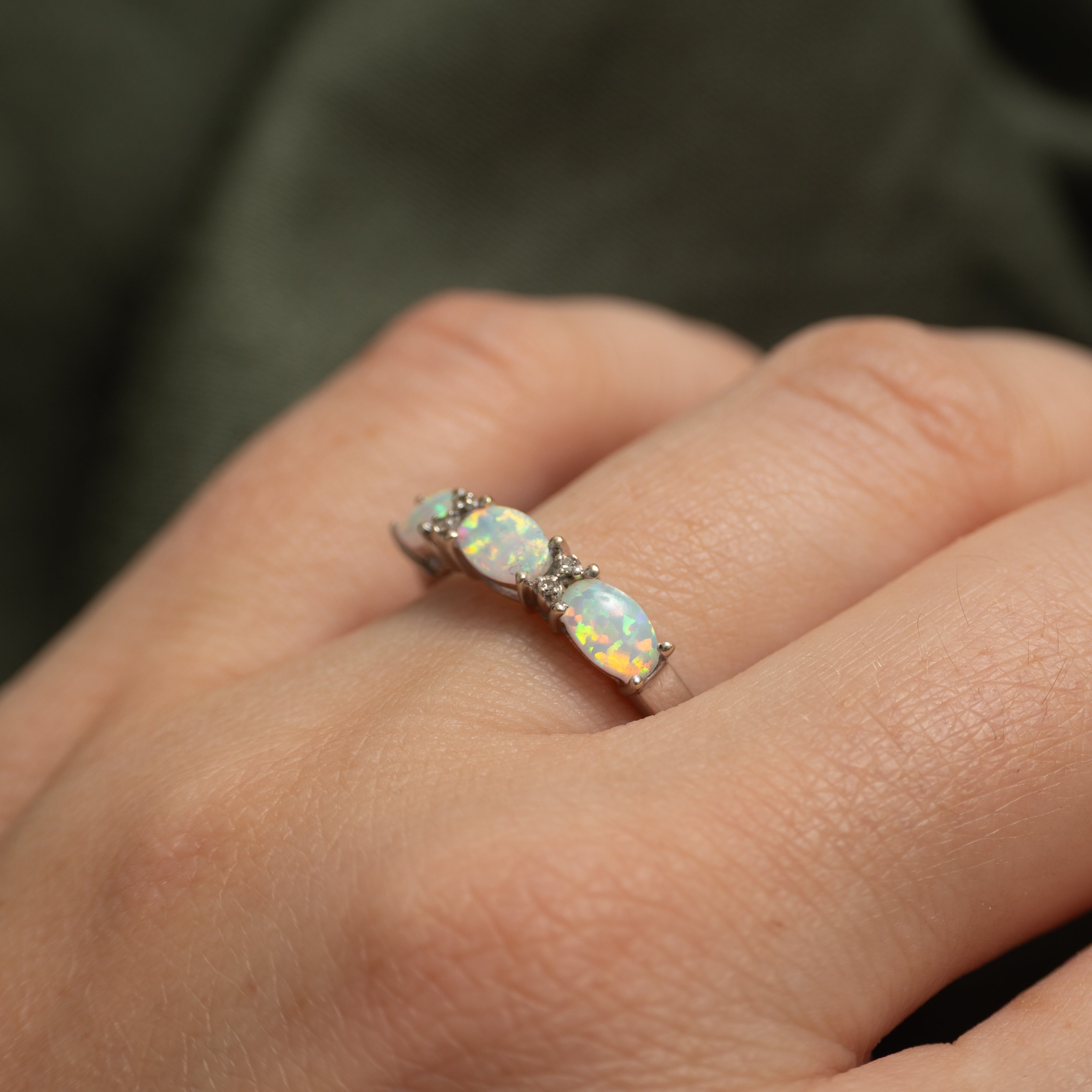 White Gold Three Stone Opal & Diamond Ring | 0.48ctw, 0.004ctw | SZ 7
