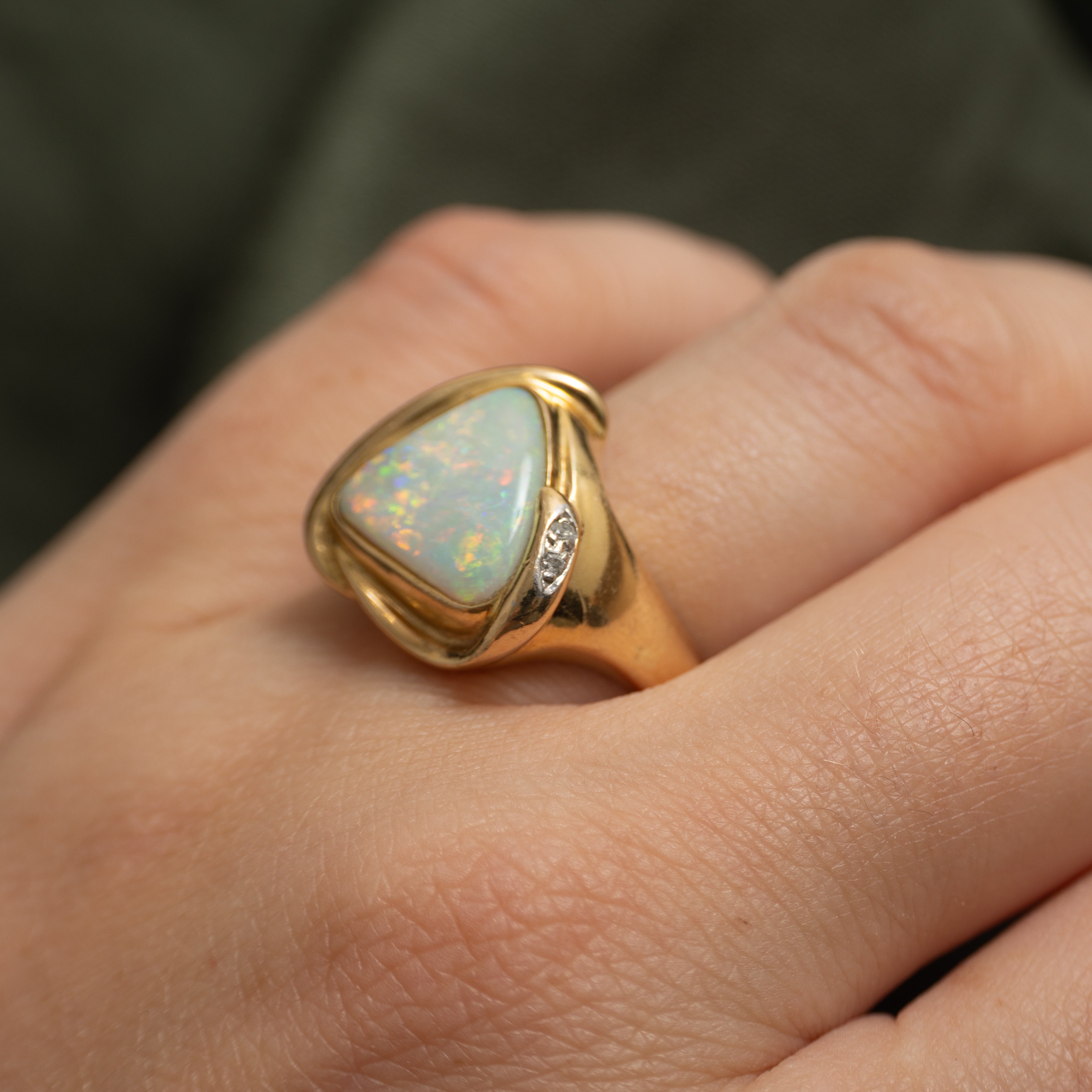 Yellow Gold Opal & Diamond Triangle Ring | 1.35ct, 0.01ctw | SZ 8.75