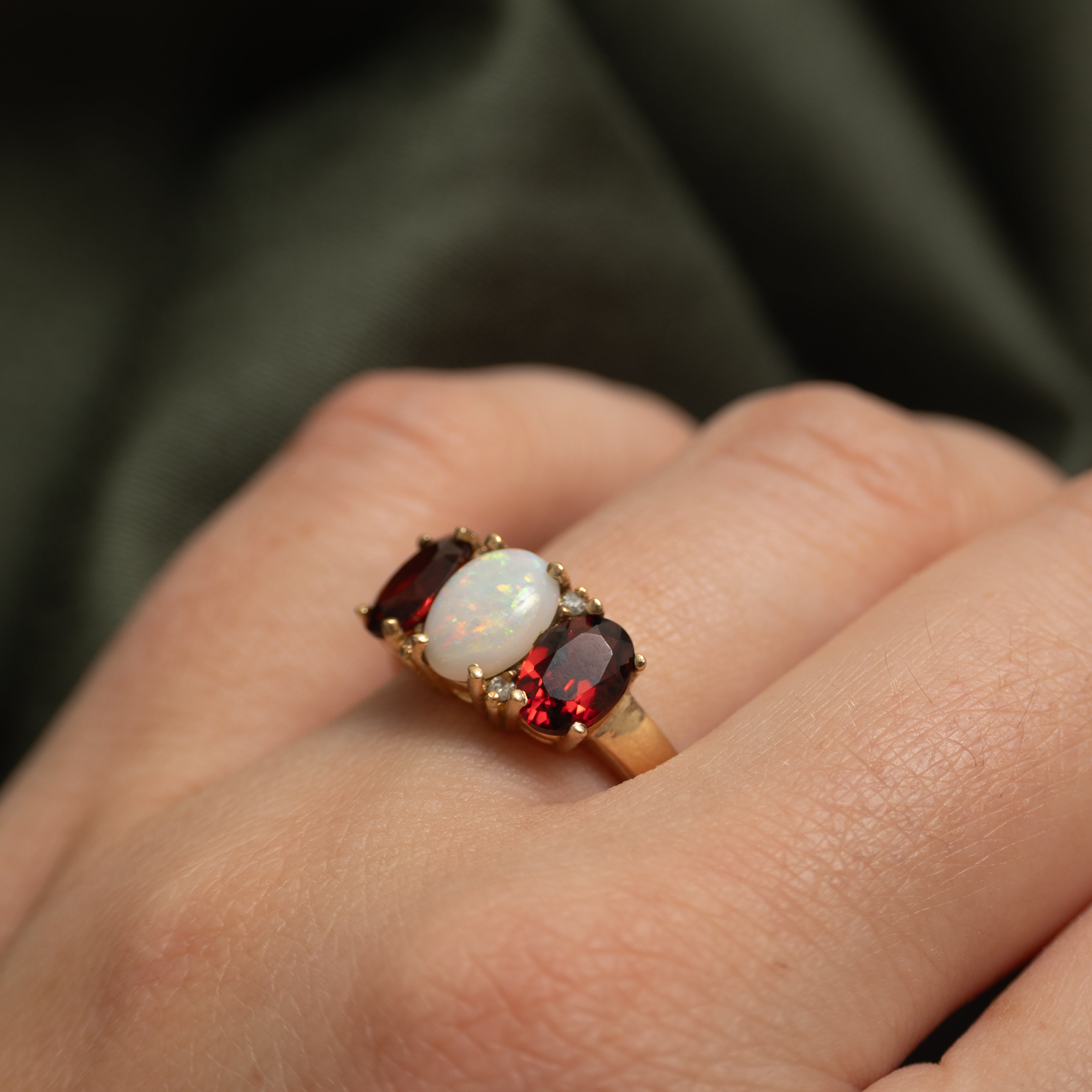 Three Stone Garnet & Opal Ring | 1.50ctw, 0.69ct | SZ 6