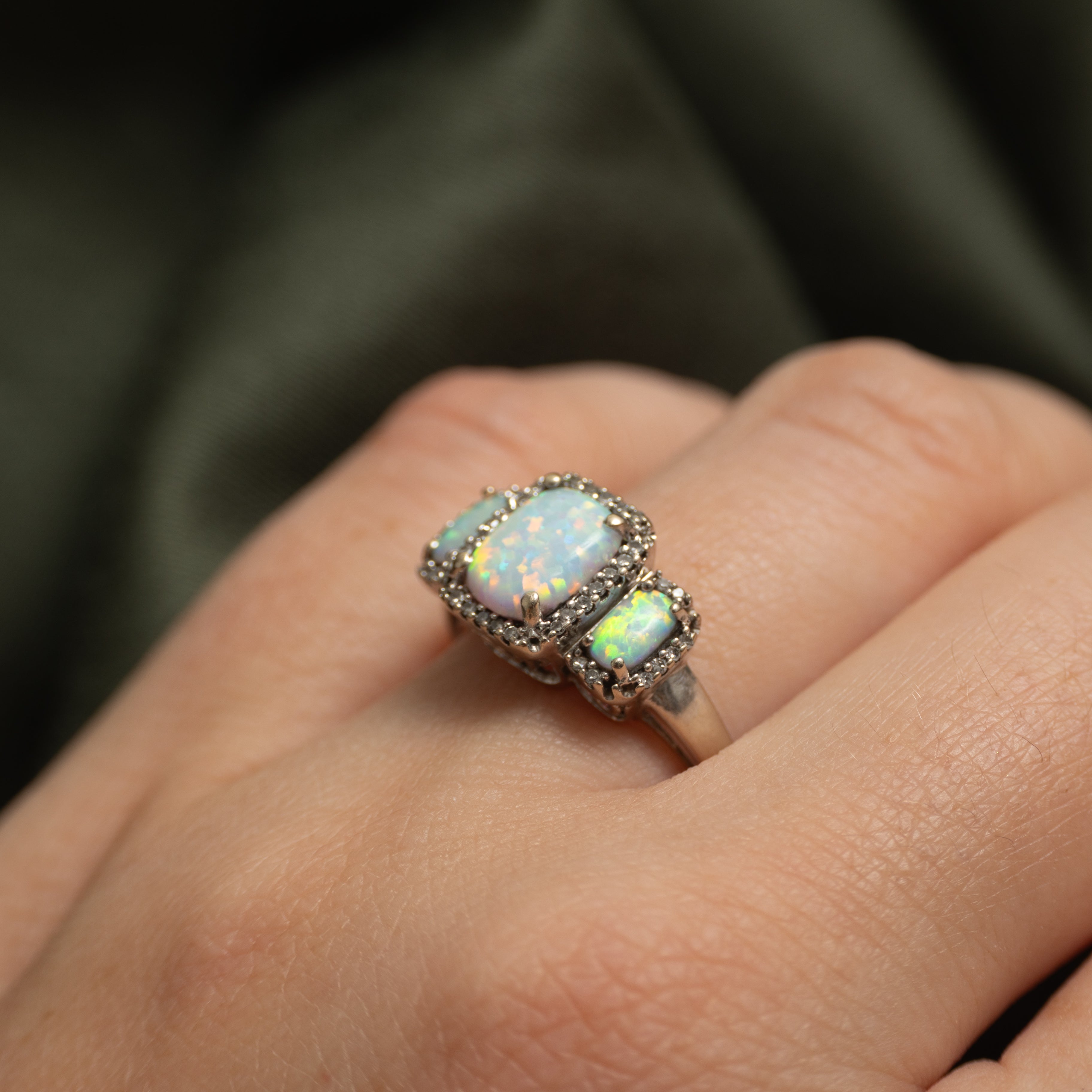 White Gold Three Stone Opal & Diamond Halo Ring | 0.83ctw, 0.04ctw | SZ 7.25
