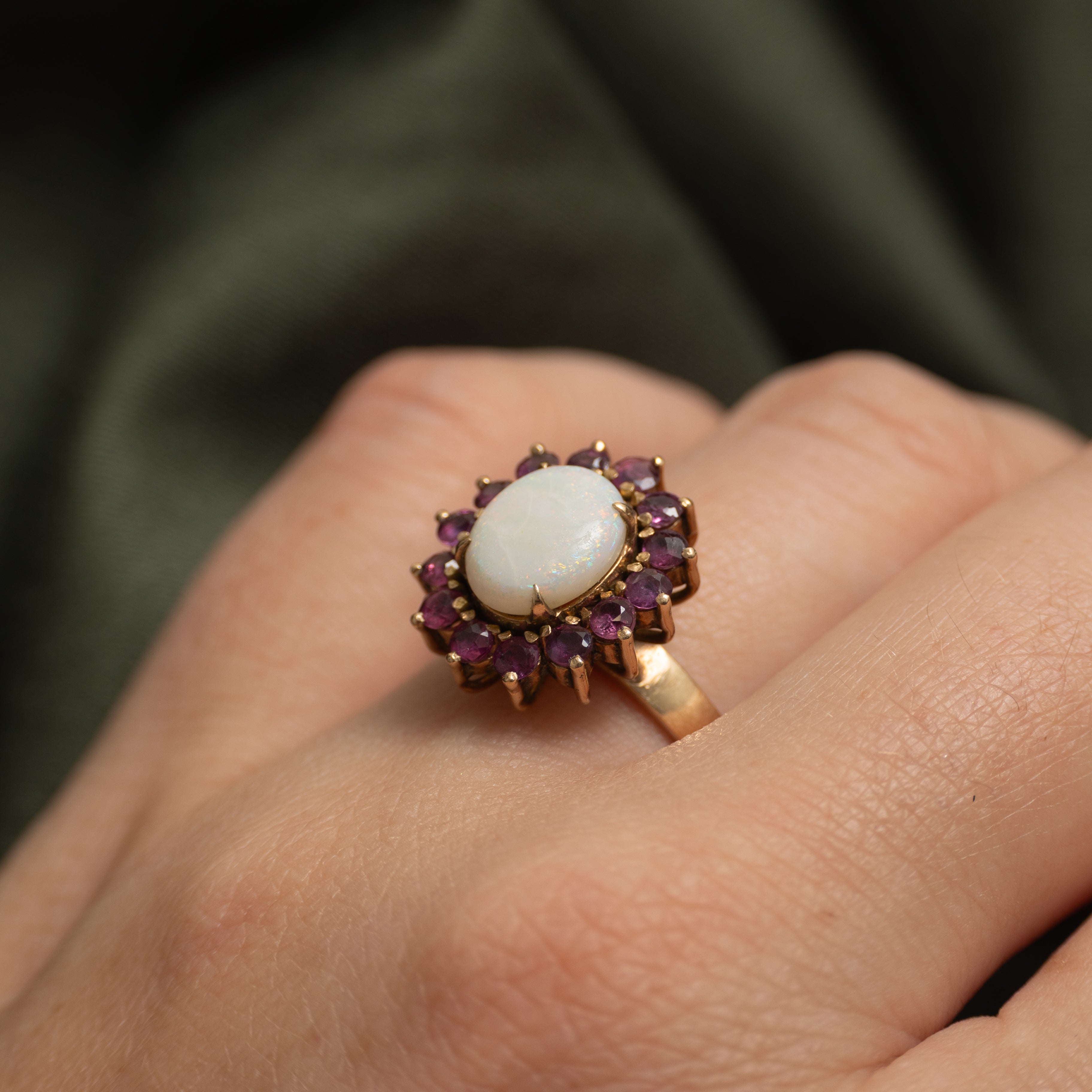 Cabochon Opal & Ruby Halo Ring | 0.96ct, 0.63ctw | SZ 7.75